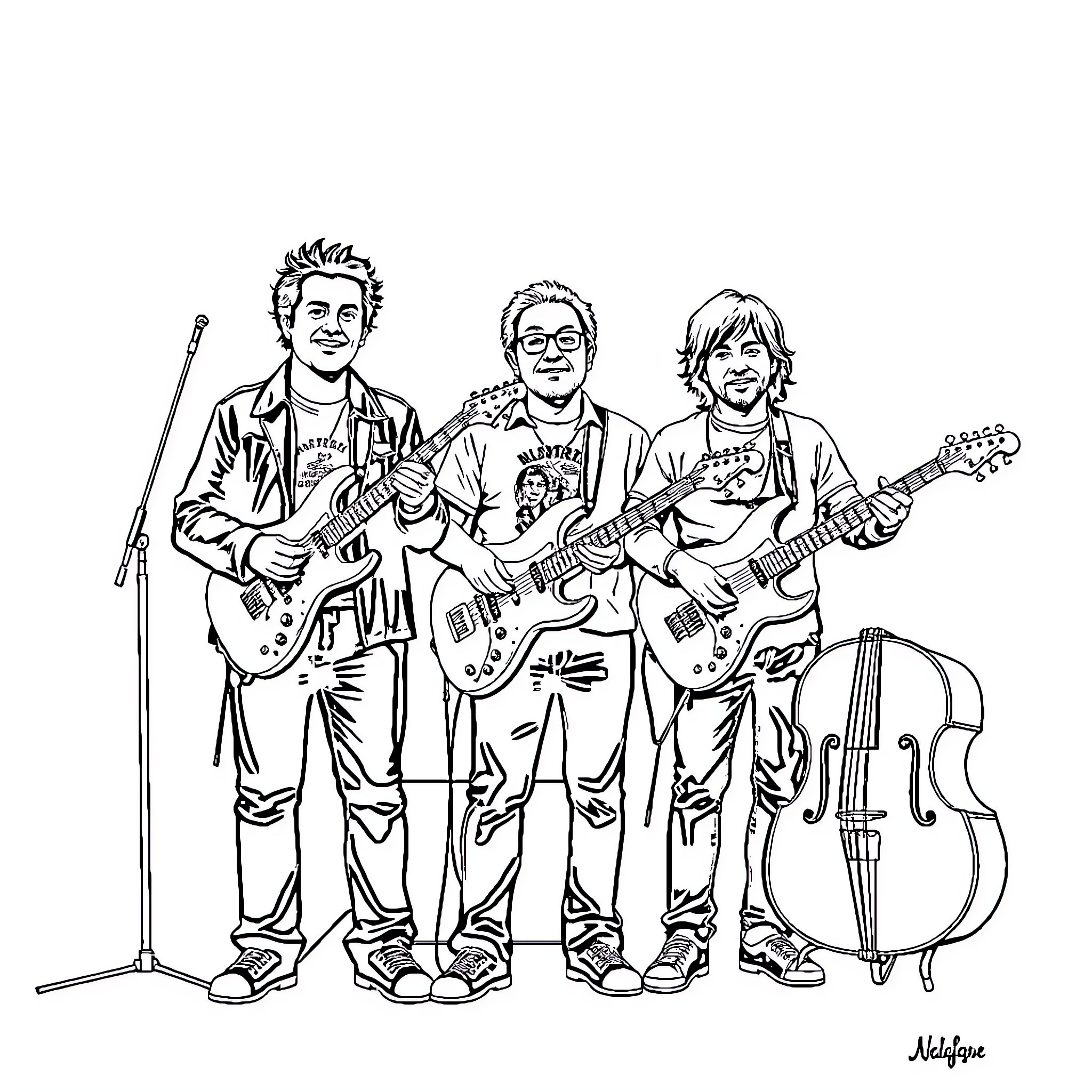 NOFX Band Members Performing on Stage Coloring Page (free black-and-white line drawing printable PDF for all, from beginners to advanced learners, including children, teens, adults, and seniors)