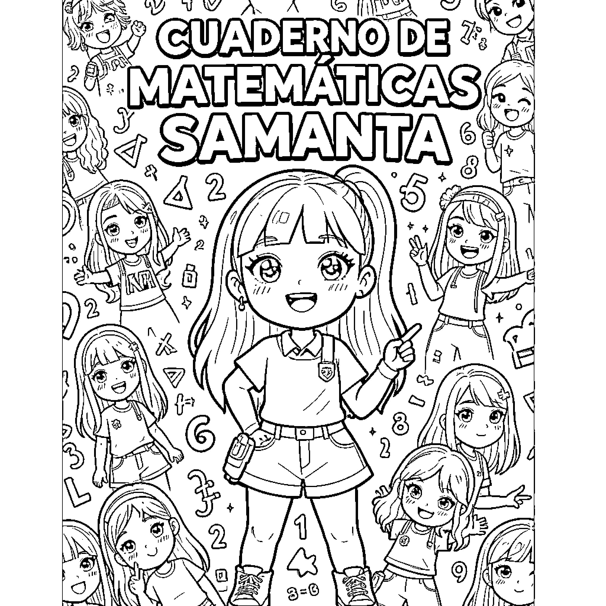 K Pop Warrior girls surrounded by math symbols Coloring Page (free black-and-white line drawing printable PDF for all, from beginners to advanced learners, including children, teens, adults, and seniors)