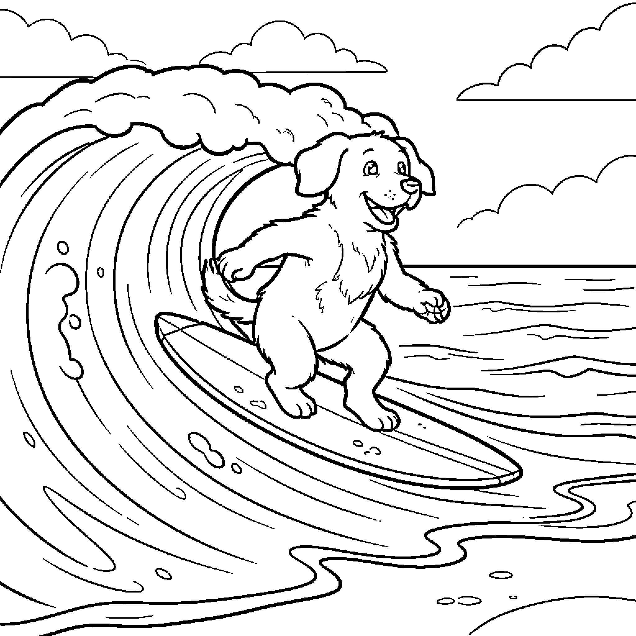 Dog surfing on a wave Coloring Page (free black-and-white line drawing printable PDF for all, from beginners to advanced learners, including children, teens, adults, and seniors)