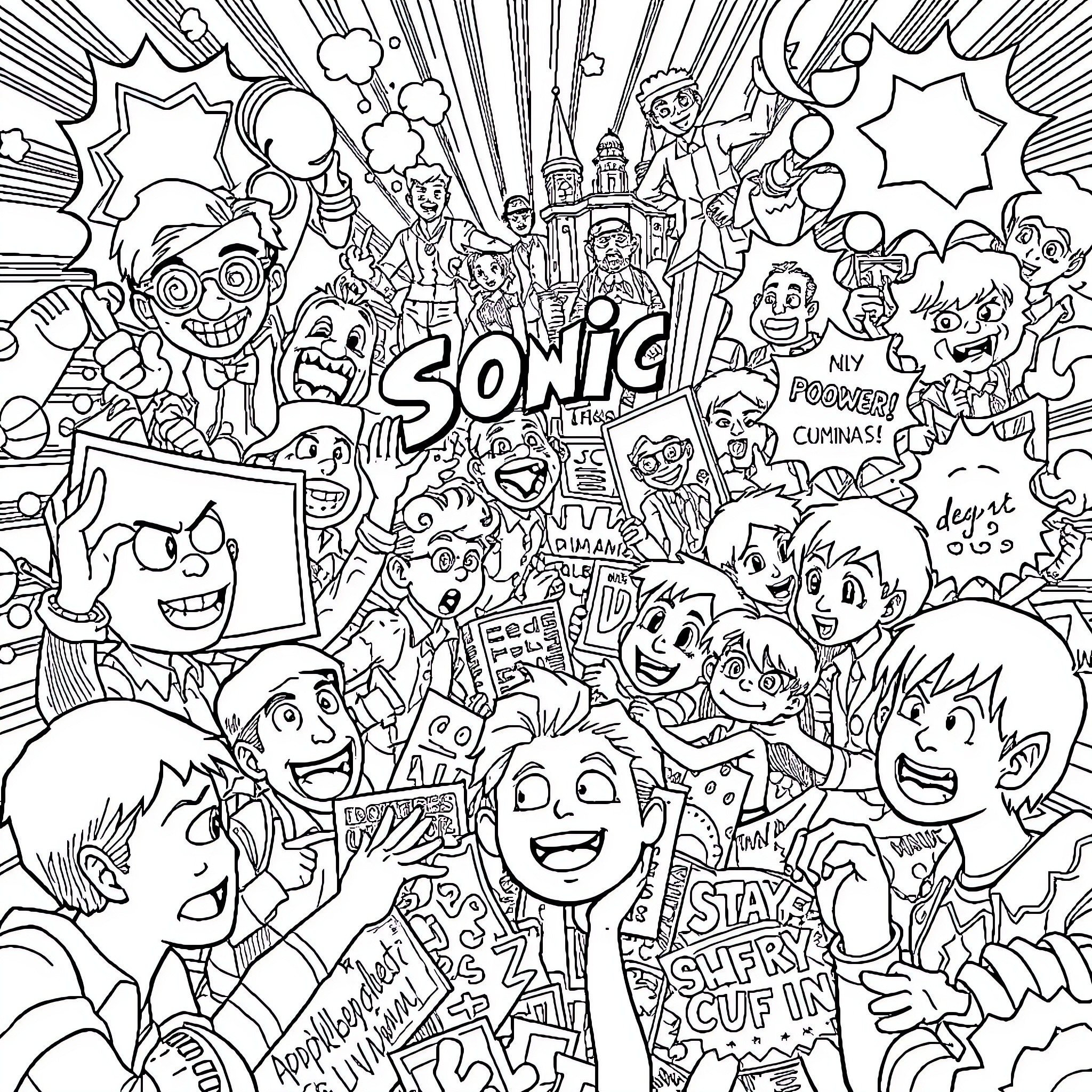 Comics Chaos of Animated Characters in Action Coloring Page (free black-and-white line drawing printable PDF for all, from beginners to advanced learners, including children, teens, adults, and seniors)