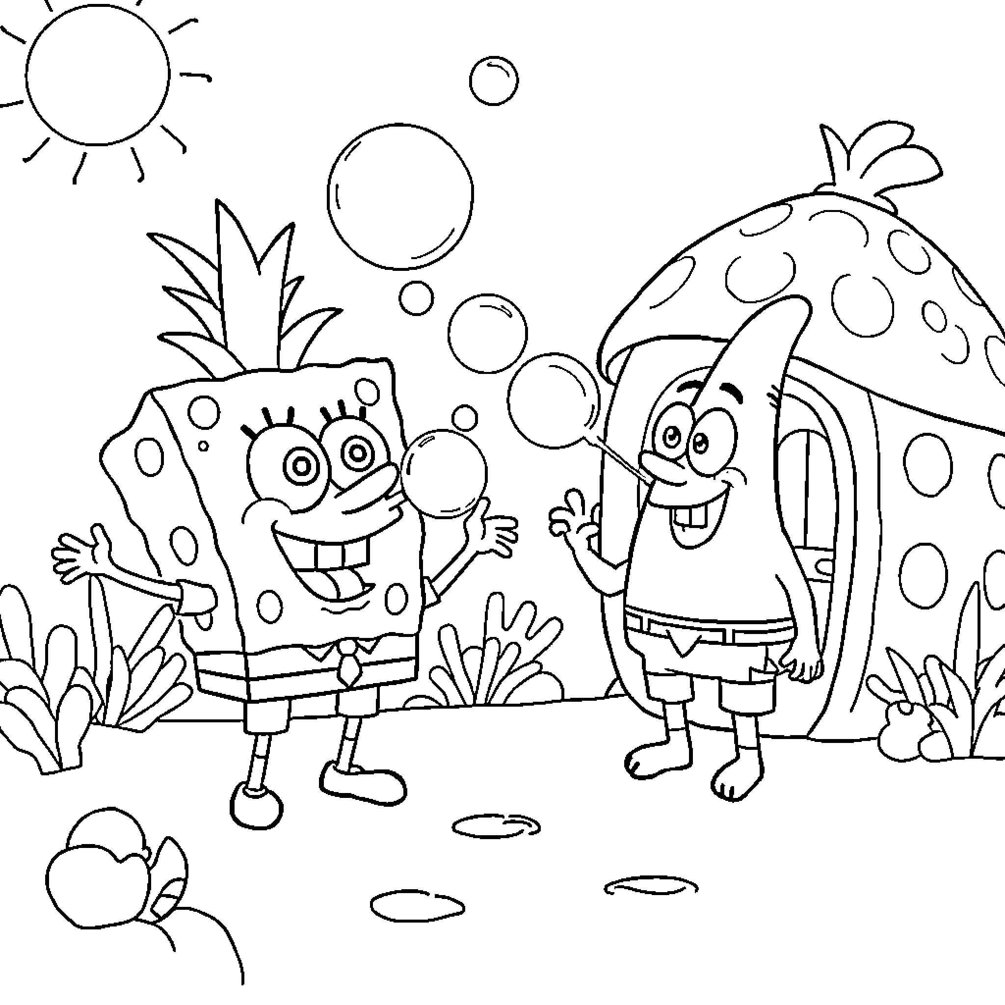 Spongebob and Patrick playing in the underwater world Coloring Page (free black-and-white line drawing printable PDF for all, from beginners to advanced learners, including children, teens, adults, and seniors)