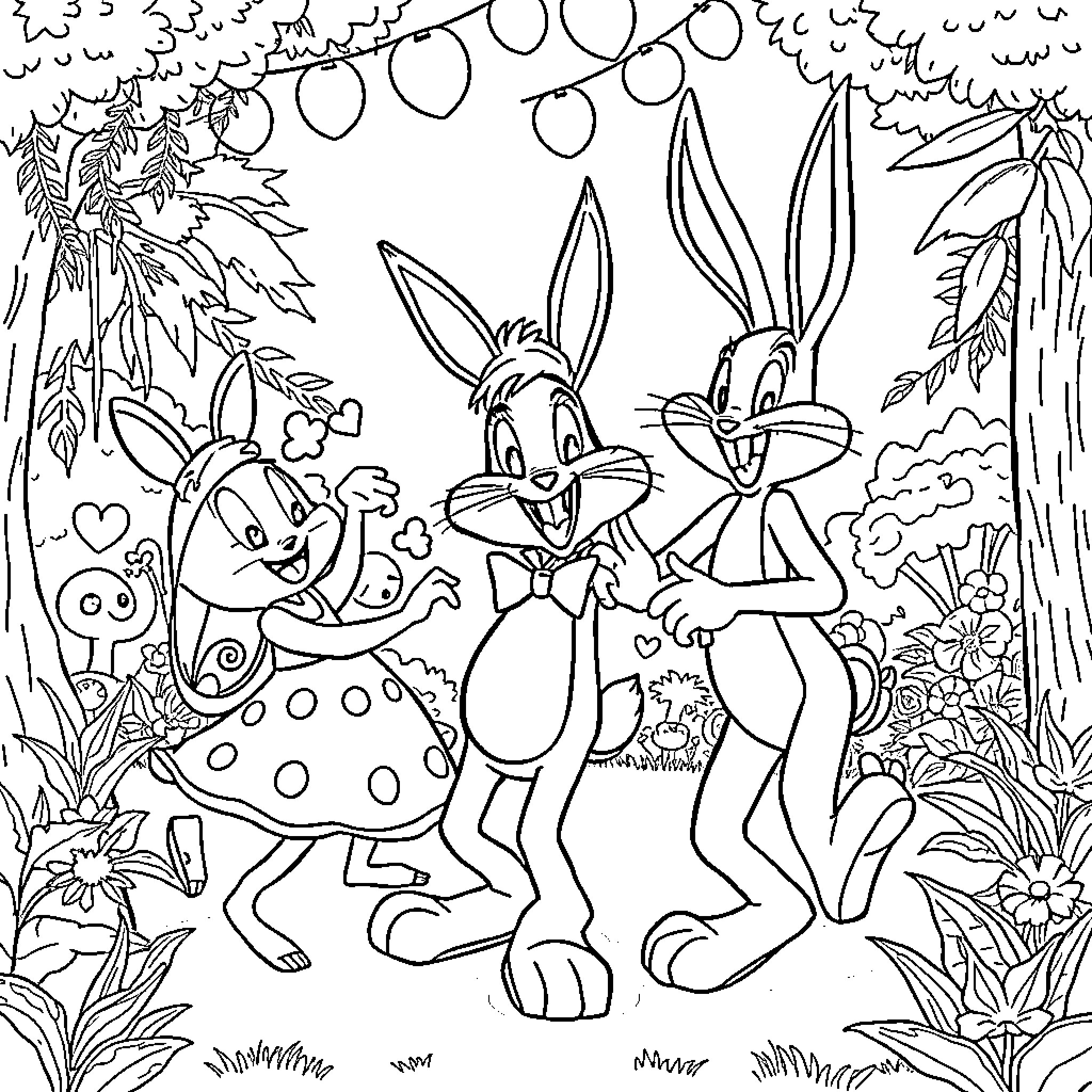 Carapuce's Playful Encounter with Rabbit Friends in the Forest Coloring Page (free black-and-white line drawing printable PDF for all, from beginners to advanced learners, including children, teens, adults, and seniors)