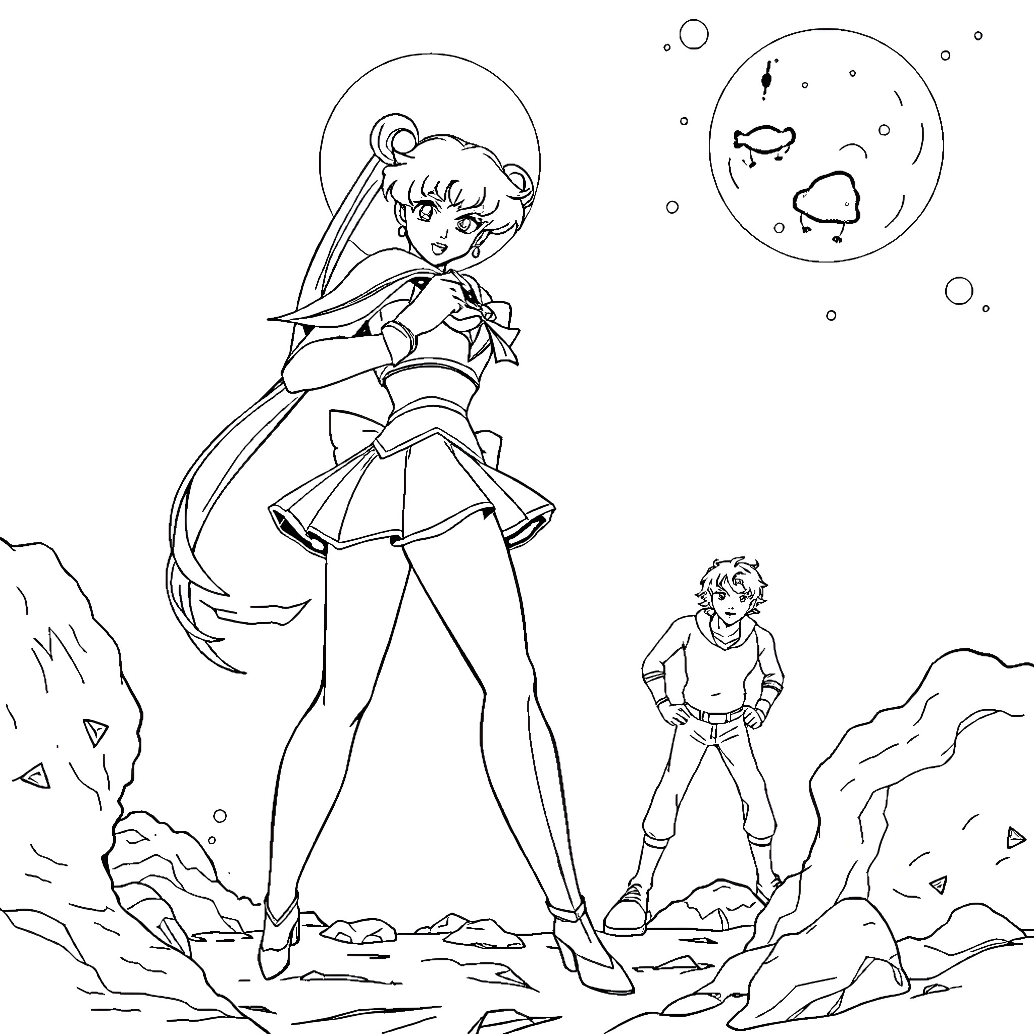 Sailor Moon in action with companion Coloring Page (free black-and-white line drawing printable PDF for all, from beginners to advanced learners, including children, teens, adults, and seniors)