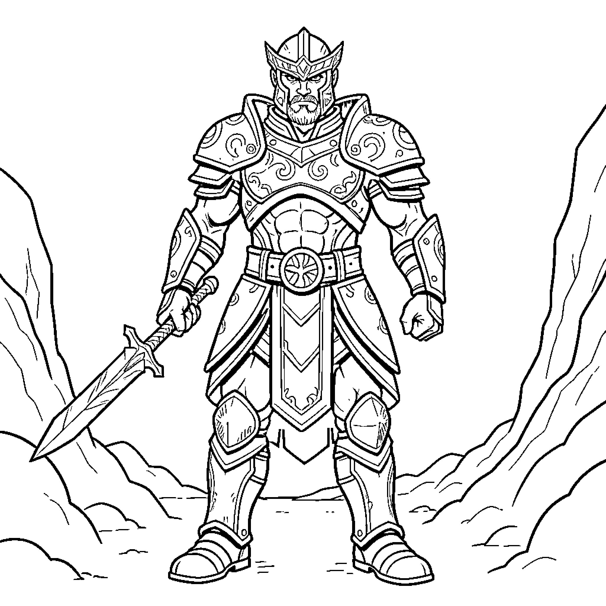 Tharian warrior standing bravely in ornate armor Coloring Page (free black-and-white line drawing printable PDF for all, from beginners to advanced learners, including children, teens, adults, and seniors)