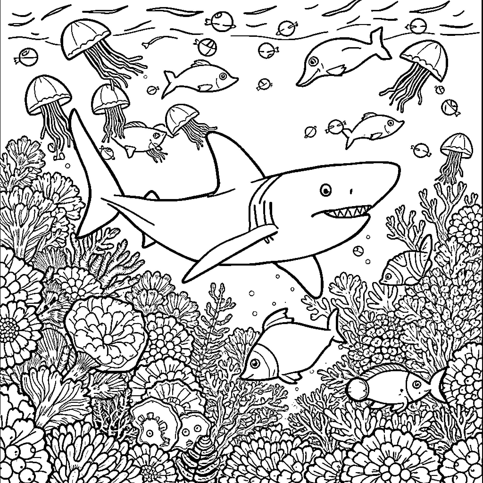 Shark swimming among jellyfish and coral reef Coloring Page (free black-and-white line drawing printable PDF for all, from beginners to advanced learners, including children, teens, adults, and seniors)