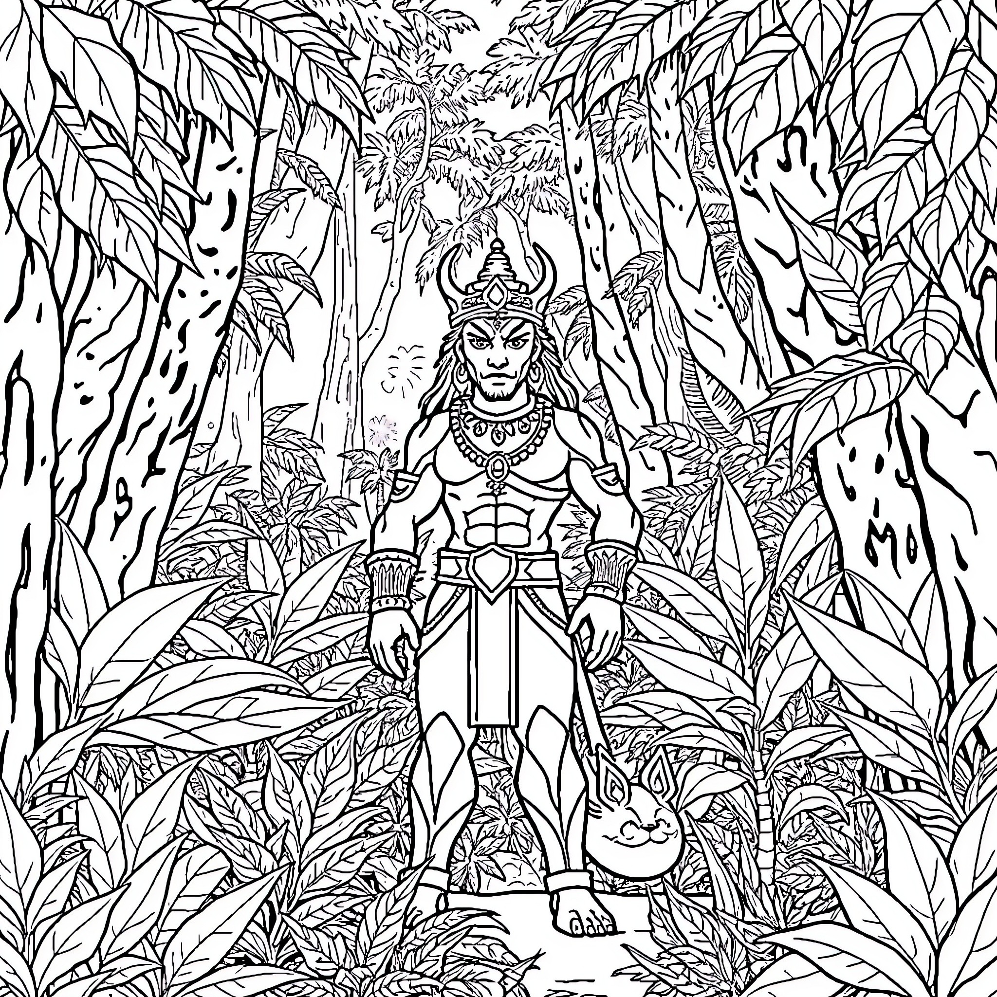 Nagraj in the Mystical Jungle Realm Coloring Page (free black-and-white line drawing printable PDF for all, from beginners to advanced learners, including children, teens, adults, and seniors)