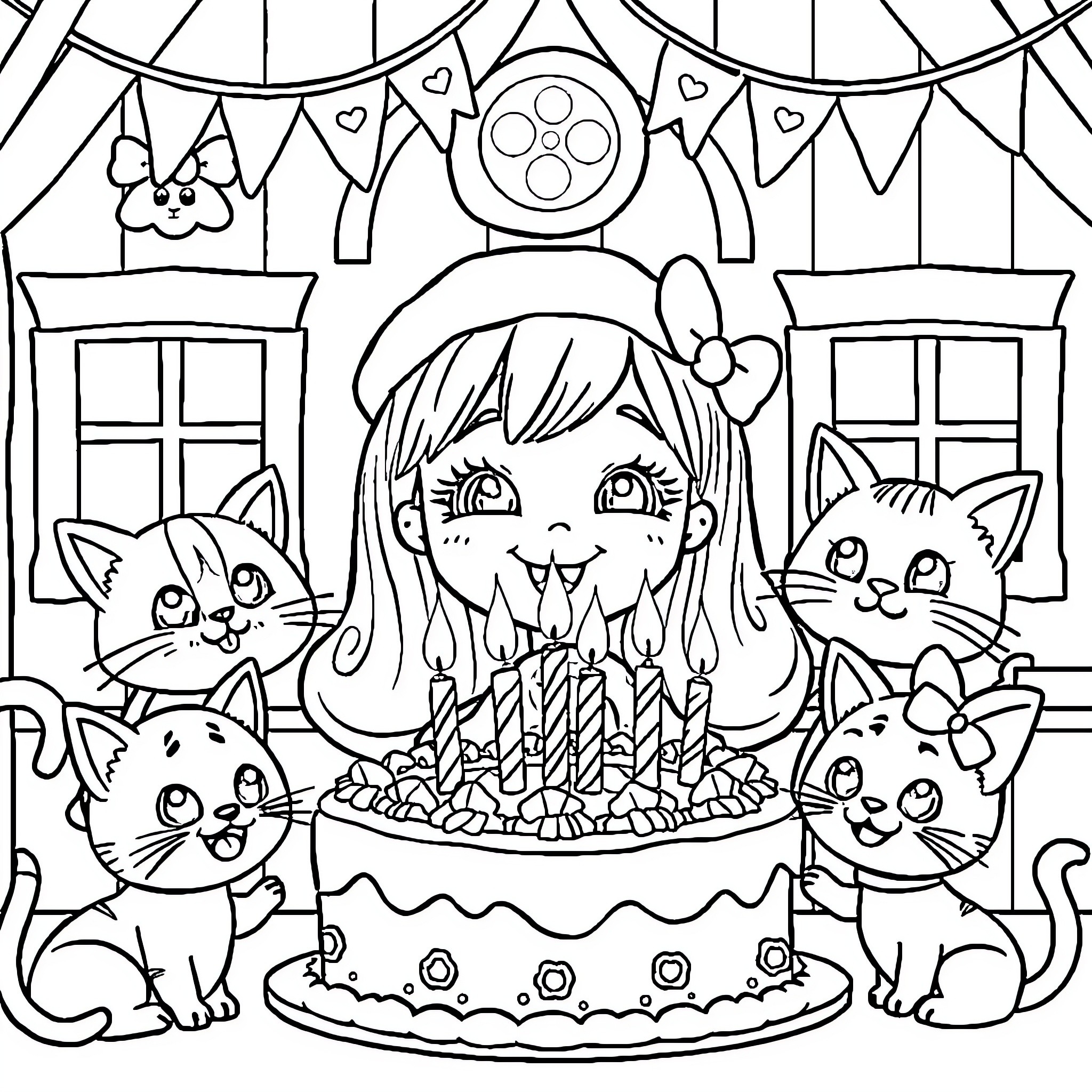 Gabby's Birthday Celebration with Kittens Coloring Page (free black-and-white line drawing printable PDF for all, from beginners to advanced learners, including children, teens, adults, and seniors)