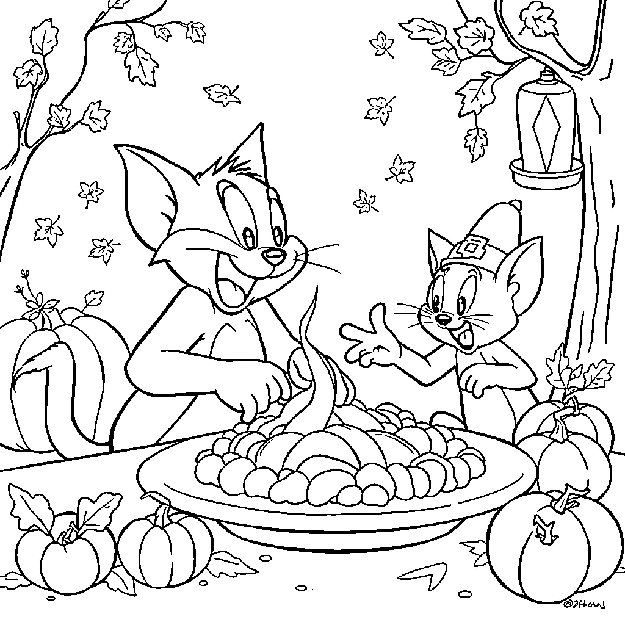 Tom and Jerry playing happily among autumn leaves Coloring Page (free black-and-white line drawing printable PDF for all, from beginners to advanced learners, including children, teens, adults, and seniors)
