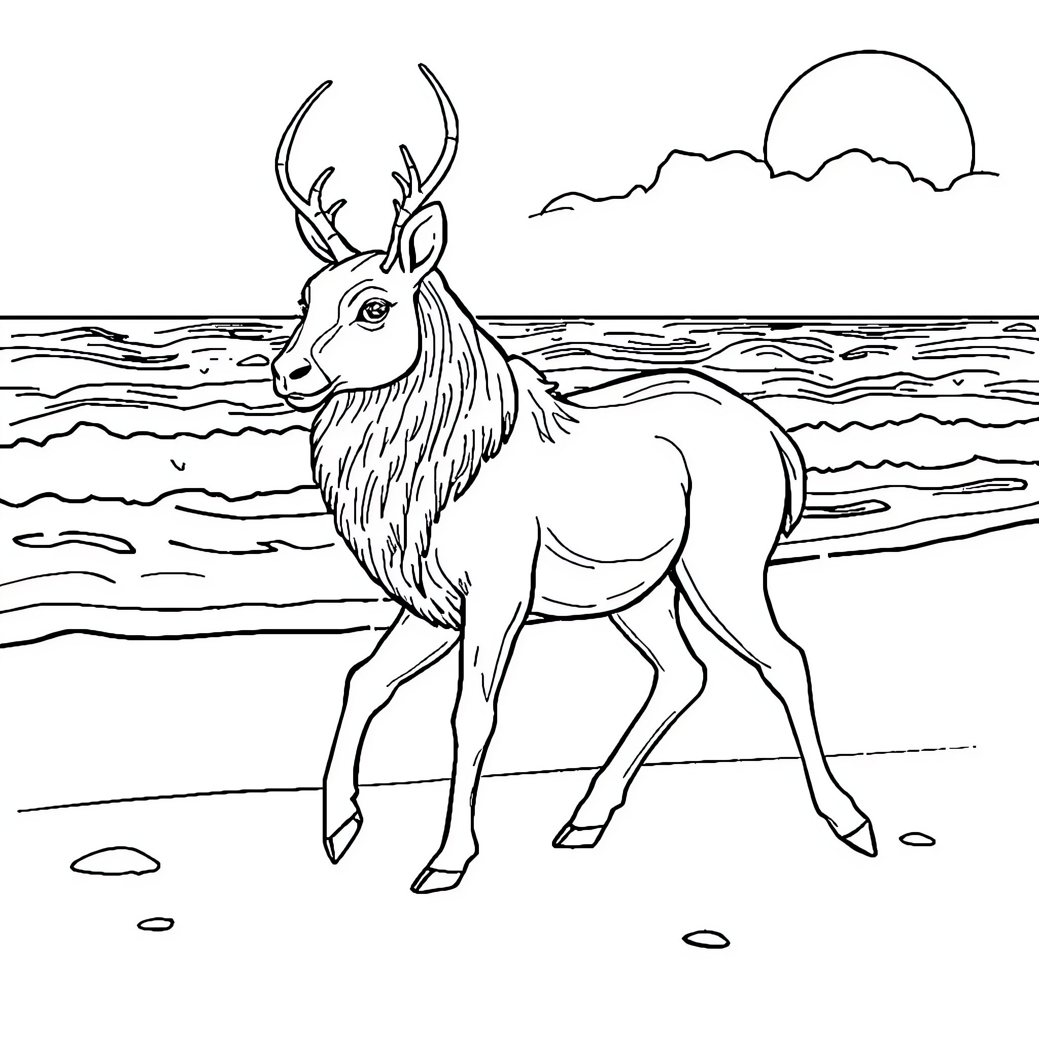 Queen Deer strolling peacefully on the shore Coloring Page (free black-and-white line drawing printable PDF for all, from beginners to advanced learners, including children, teens, adults, and seniors)