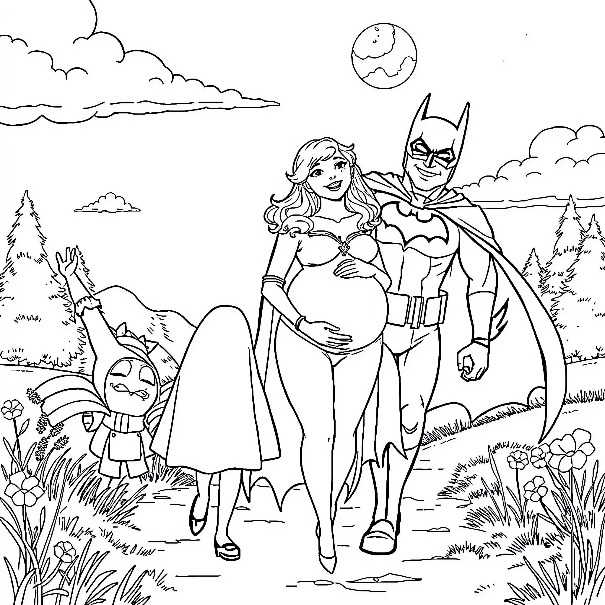 Snow White and Superhero Couple in Enchanted Forest Coloring Page (free black-and-white line drawing printable PDF for all, from beginners to advanced learners, including children, teens, adults, and seniors)