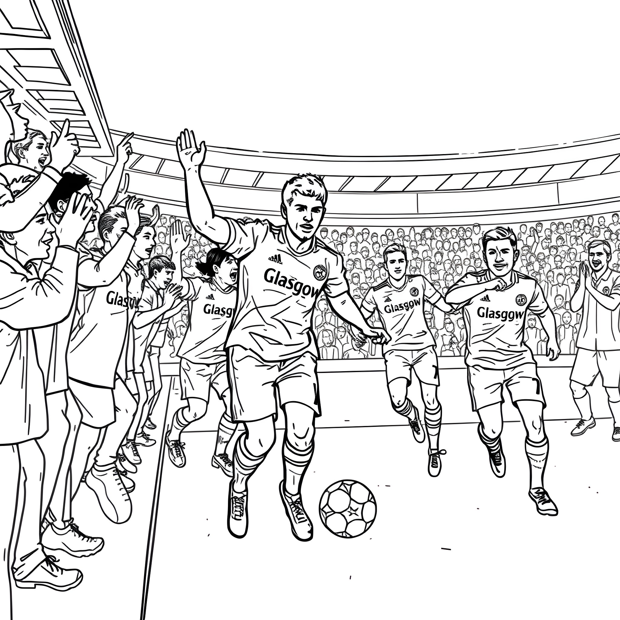 Glasgow Rangers Team Celebrating Victory on the Field Coloring Page (free black-and-white line drawing printable PDF for all, from beginners to advanced learners, including children, teens, adults, and seniors)