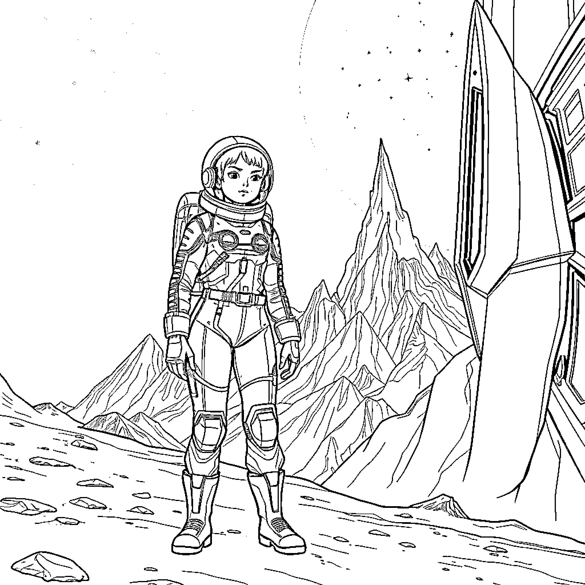 Astronaut exploring alien landscape with mountains Coloring Page (free black-and-white line drawing printable PDF for all, from beginners to advanced learners, including children, teens, adults, and seniors)