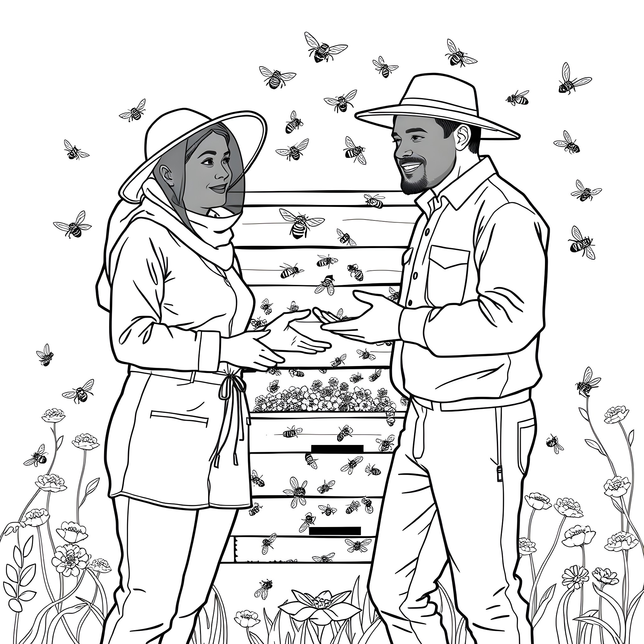 Beekeeper couple inspecting hive amidst buzzing bees Coloring Page (free black-and-white line drawing printable PDF for all, from beginners to advanced learners, including children, teens, adults, and seniors)