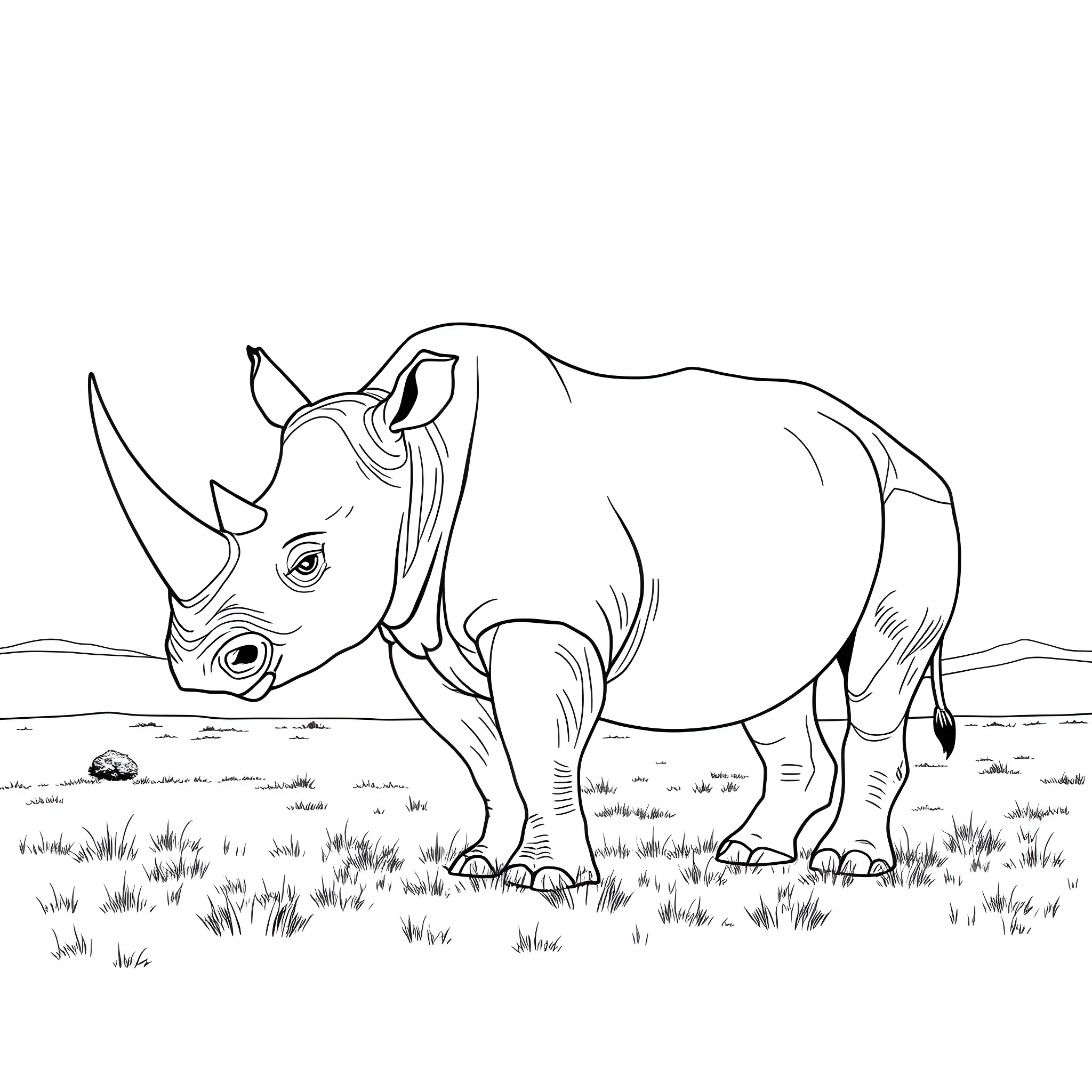 Rhinoceros standing peacefully in natural habitat Coloring Page (free black-and-white line drawing printable PDF for all, from beginners to advanced learners, including children, teens, adults, and seniors)