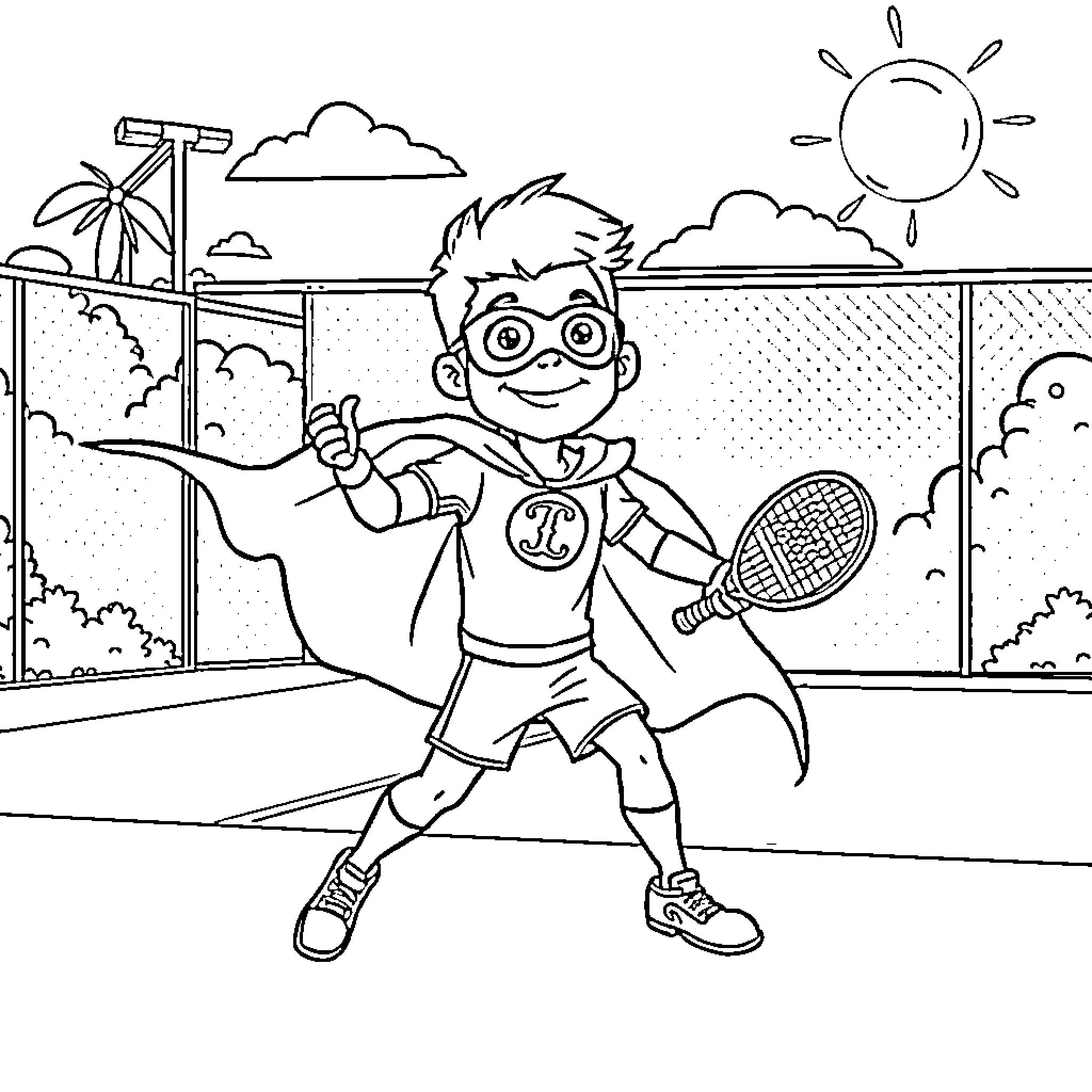 Trent's Awesome Tennis Adventure Coloring Page (free black-and-white line drawing printable PDF for all, from beginners to advanced learners, including children, teens, adults, and seniors)