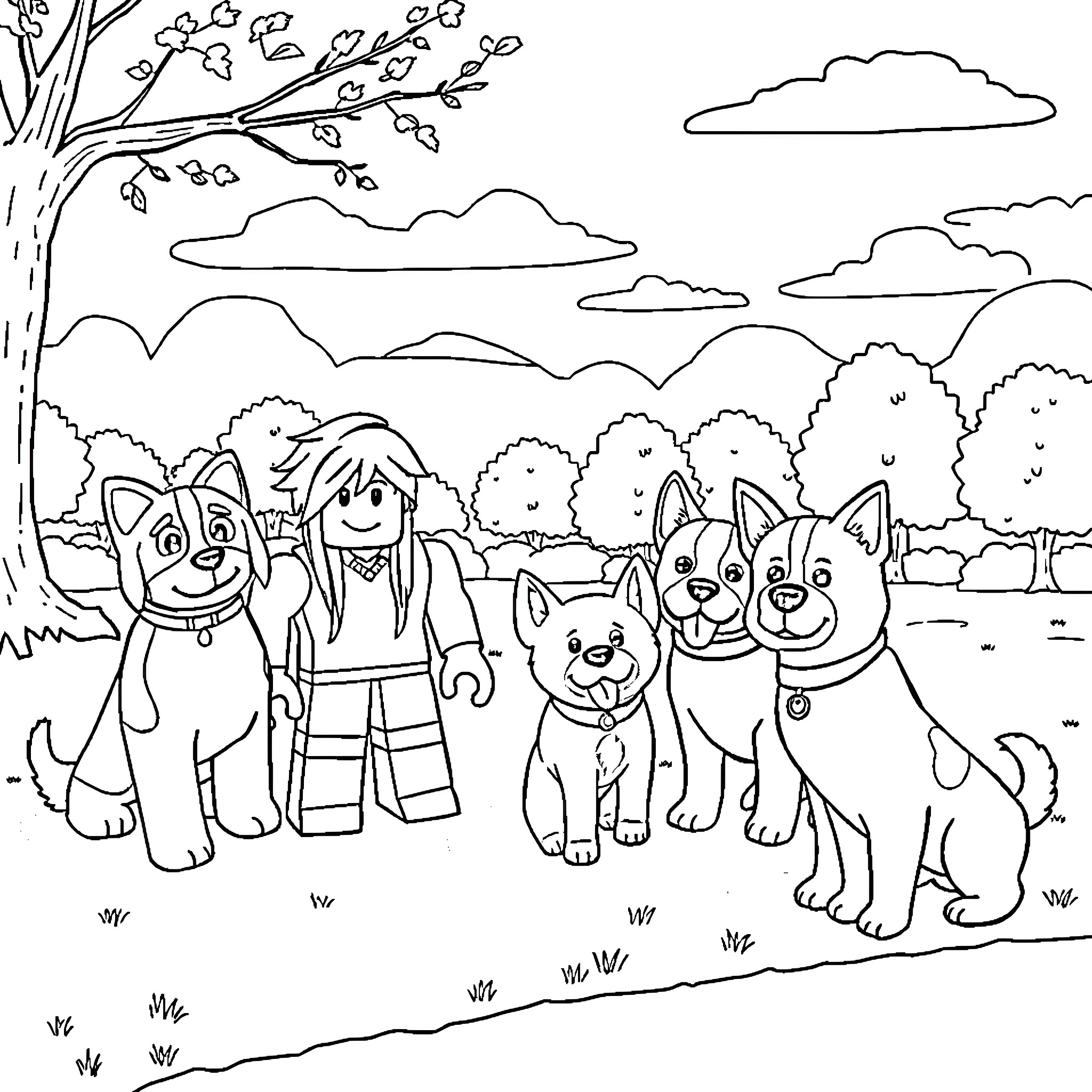 Roblox characters with cartoon dogs enjoying the outdoors Coloring Page (free black-and-white line drawing printable PDF for all, from beginners to advanced learners, including children, teens, adults, and seniors)