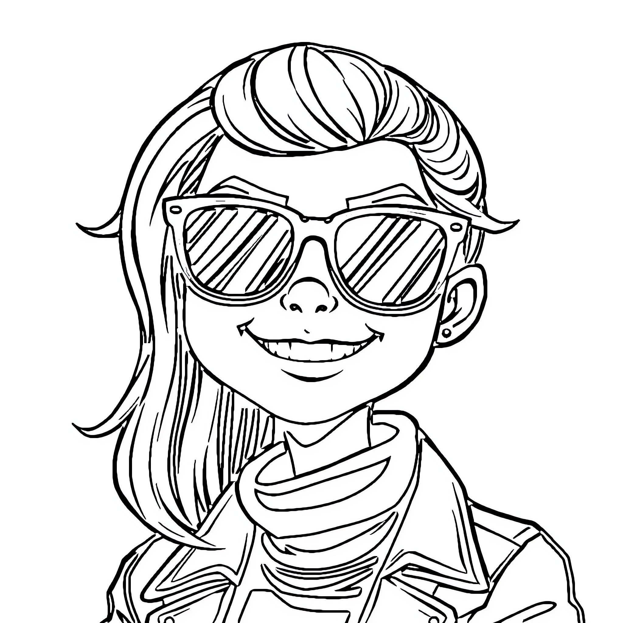 Smurfette enjoying a sunny day in sunglasses Coloring Page (free black-and-white line drawing printable PDF for all, from beginners to advanced learners, including children, teens, adults, and seniors)
