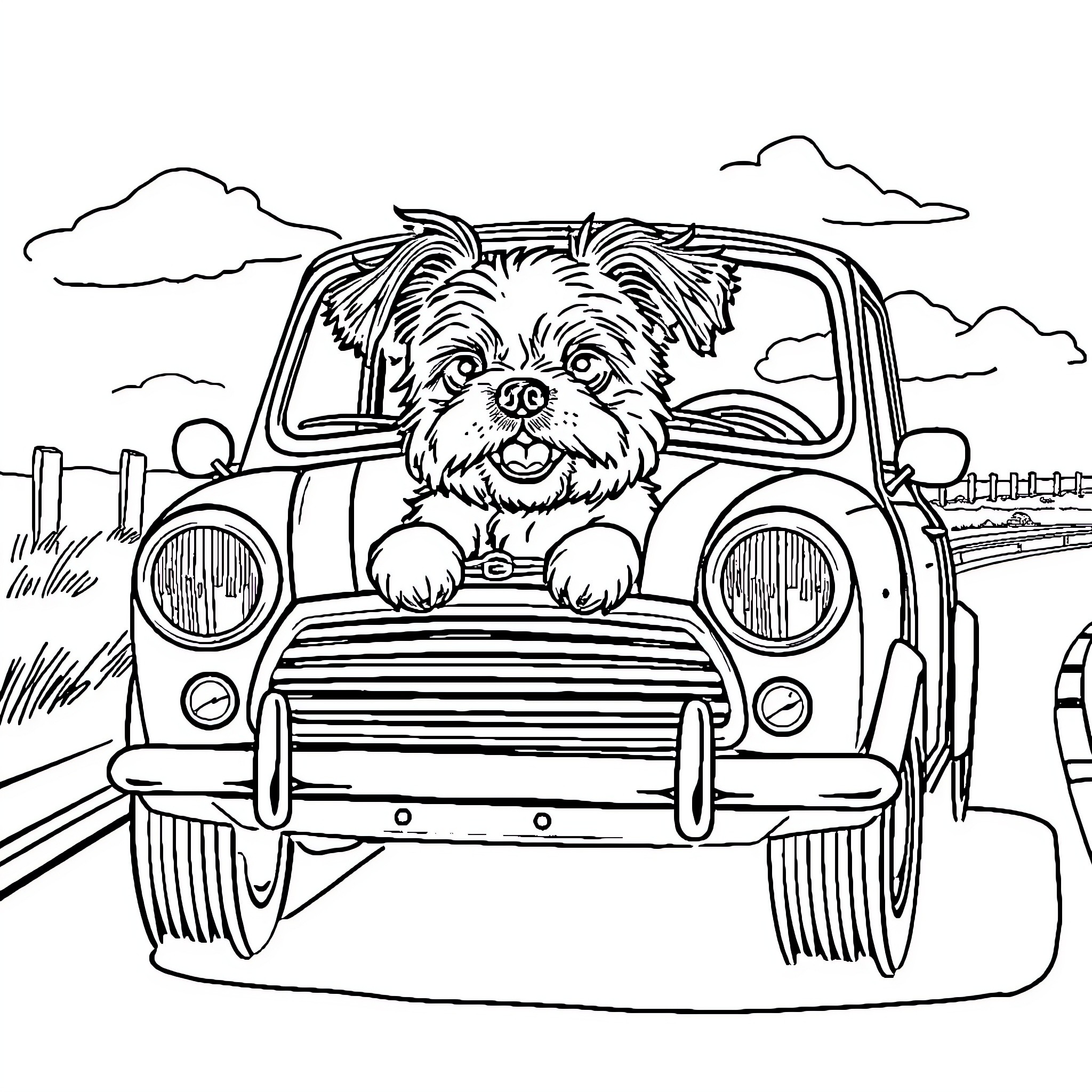 Shih Tzu driving vintage car on country road Coloring Page (free black-and-white line drawing printable PDF for all, from beginners to advanced learners, including children, teens, adults, and seniors)