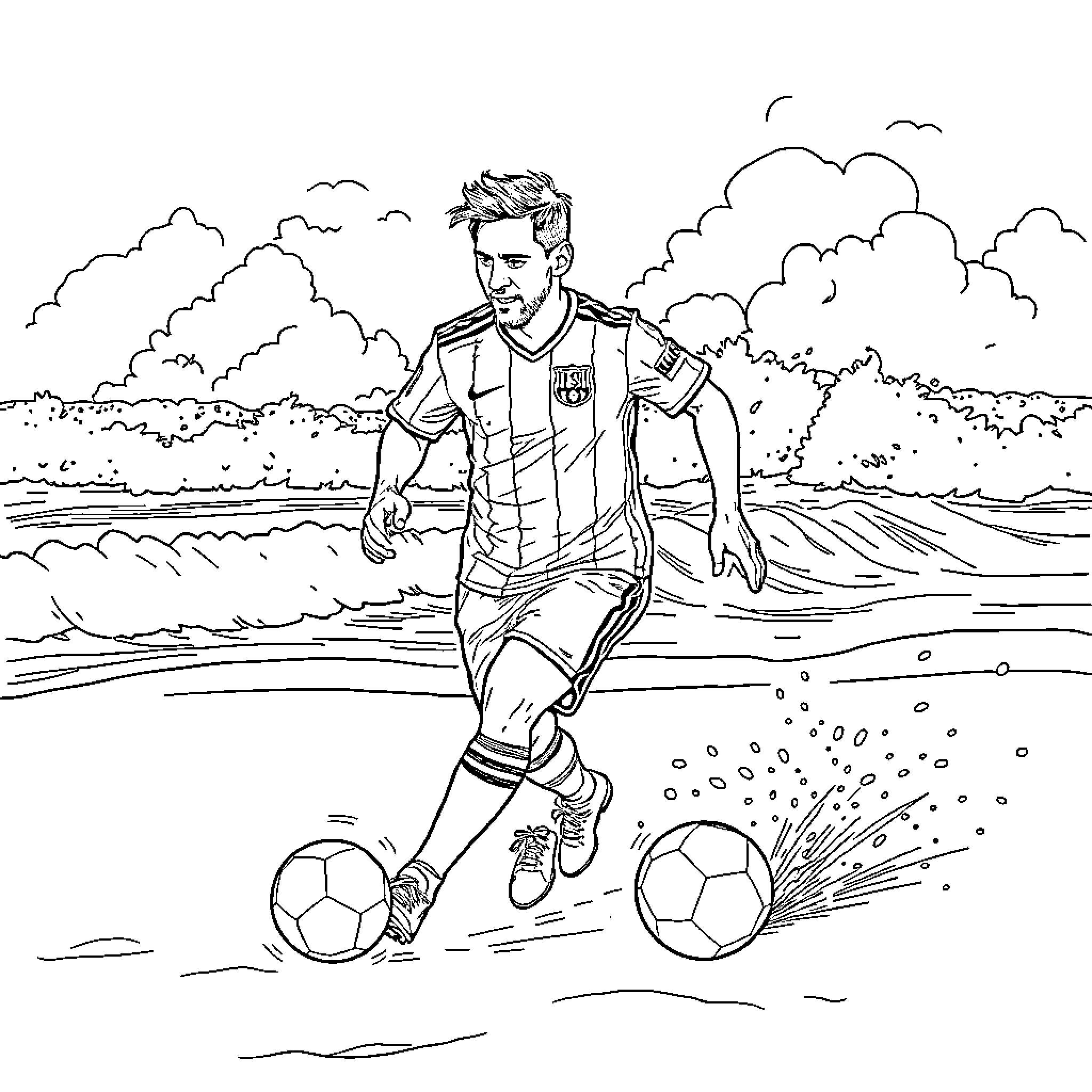 Messi dribbling with soccer balls on the field Coloring Page (free black-and-white line drawing printable PDF for all, from beginners to advanced learners, including children, teens, adults, and seniors)