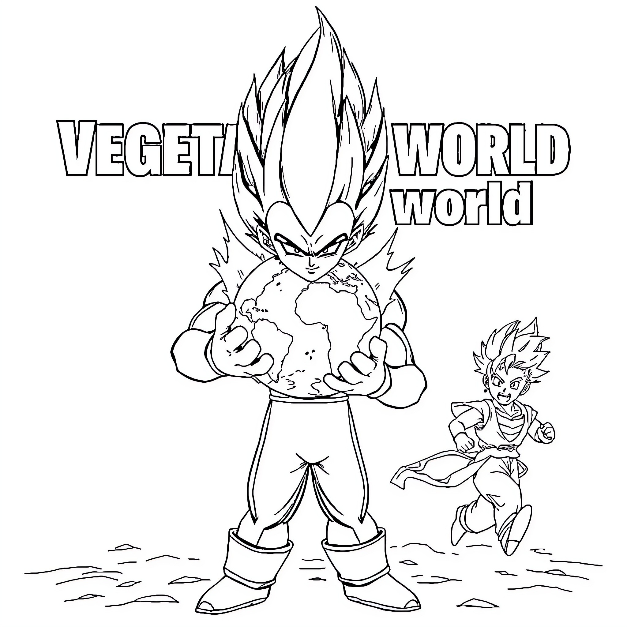 Vegeta conquering the world in an epic battle Coloring Page (free black-and-white line drawing printable PDF for all, from beginners to advanced learners, including children, teens, adults, and seniors)