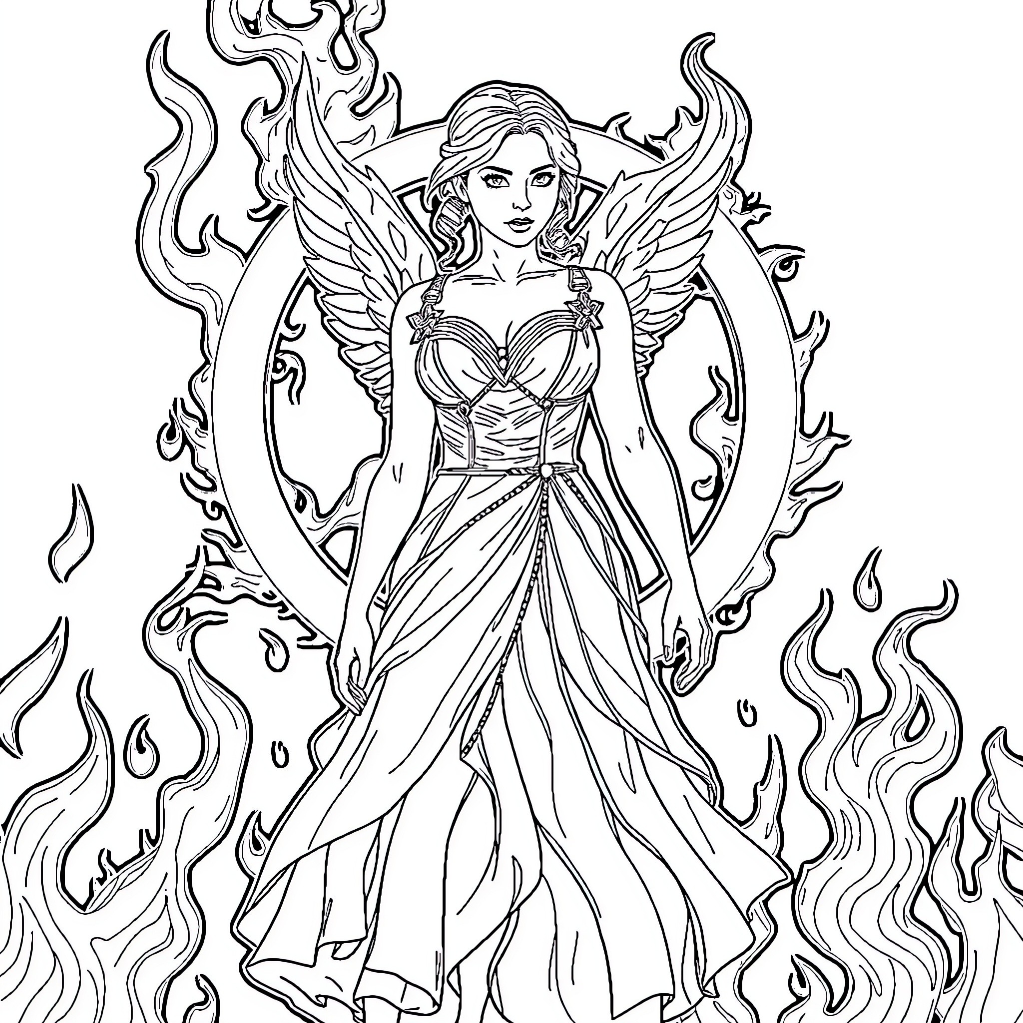 Katniss Everdeen as a fierce winged warrior Coloring Page (free black-and-white line drawing printable PDF for all, from beginners to advanced learners, including children, teens, adults, and seniors)