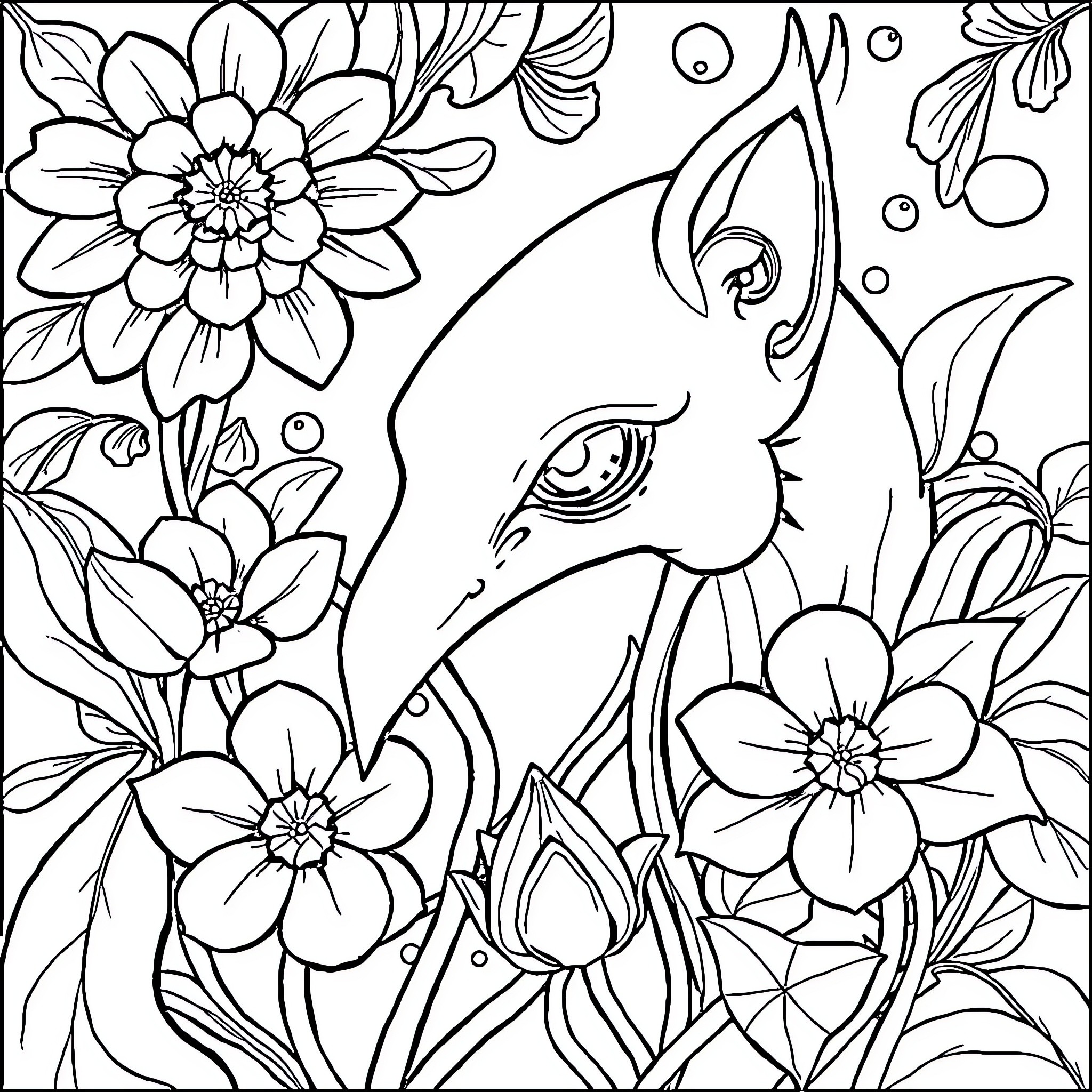 Instruction for Whimsical Floral Scene with Aquatic Animal Coloring Page (free black-and-white line drawing printable PDF for all, from beginners to advanced learners, including children, teens, adults, and seniors)
