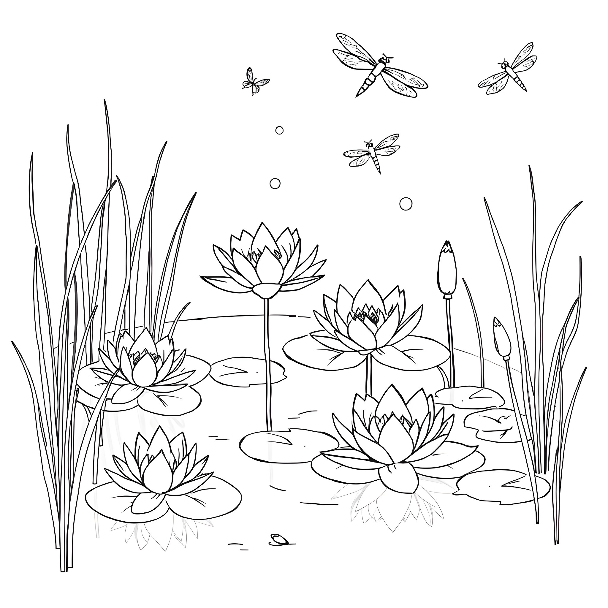 Water Lily Pond with Dragonflies Coloring Page (free black-and-white line drawing printable PDF for all, from beginners to advanced learners, including children, teens, adults, and seniors)