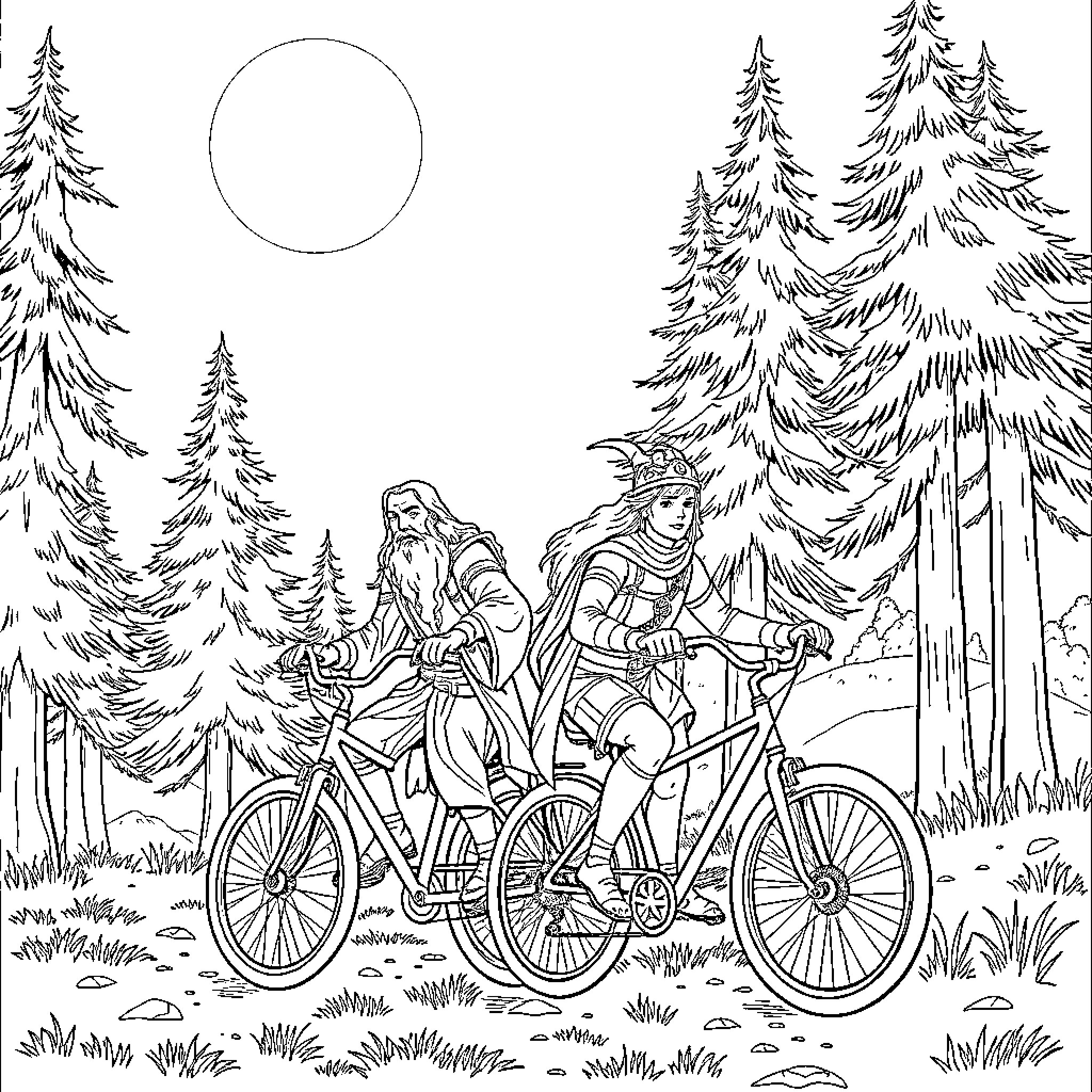 Gandalf and companions biking through the forest Coloring Page (free black-and-white line drawing printable PDF for all, from beginners to advanced learners, including children, teens, adults, and seniors)