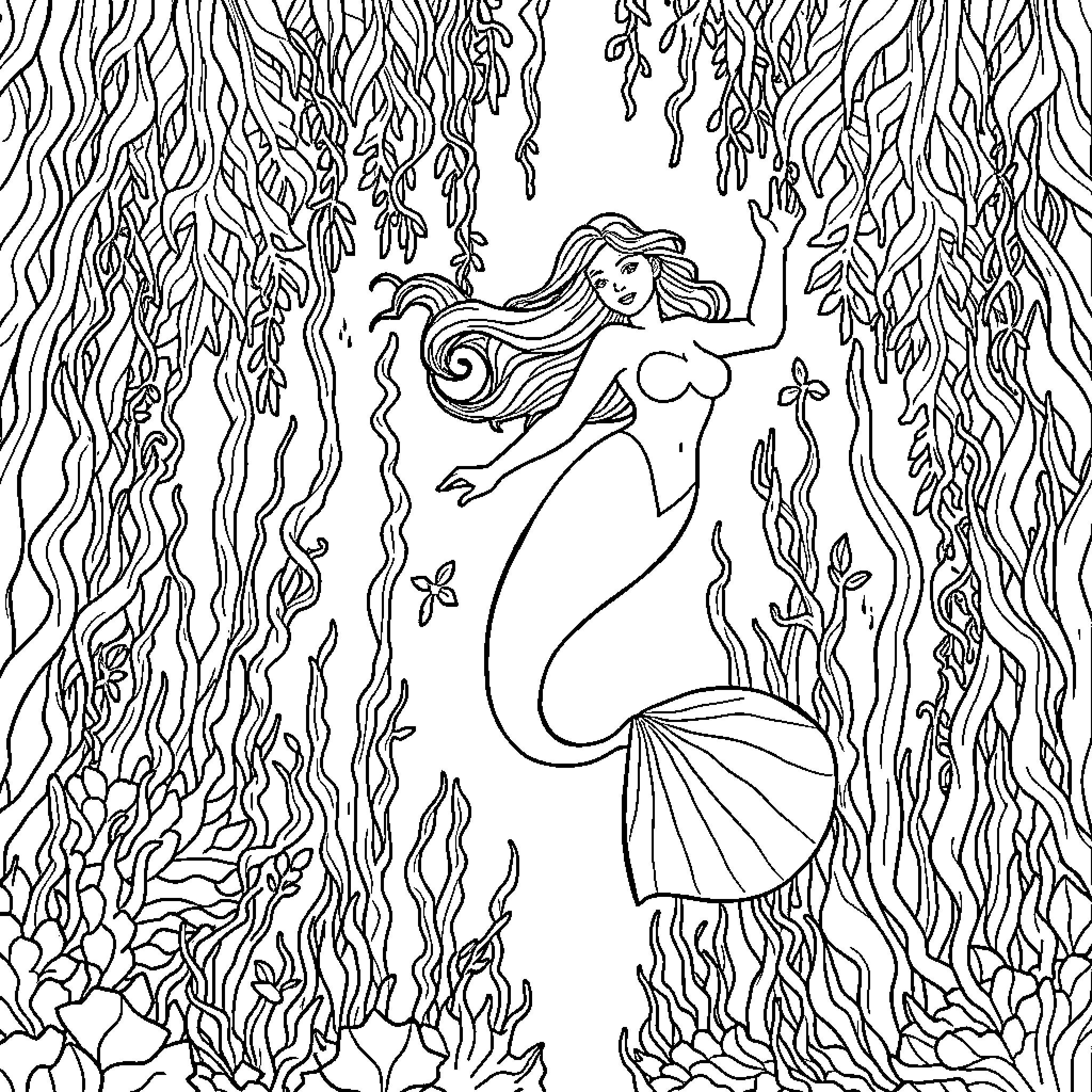 Mermaid drifting through underwater forest Coloring Page (free black-and-white line drawing printable PDF for all, from beginners to advanced learners, including children, teens, adults, and seniors)