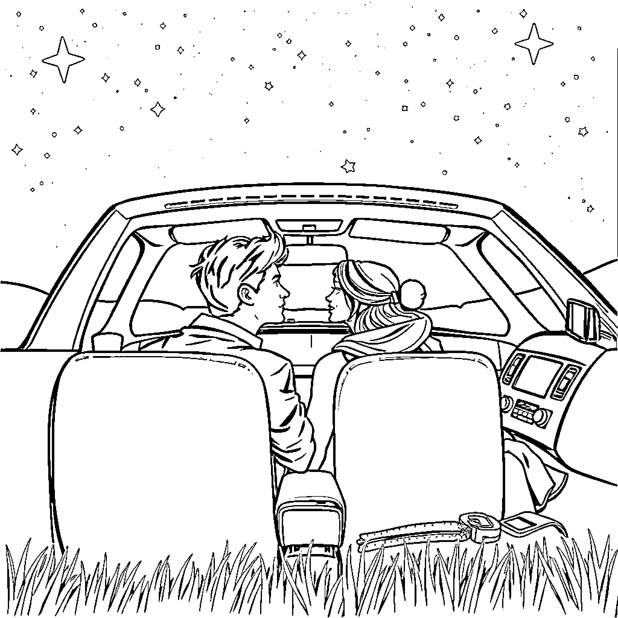 Car Couple's Night Under the Stars Coloring Page (free black-and-white line drawing printable PDF for all, from beginners to advanced learners, including children, teens, adults, and seniors)
