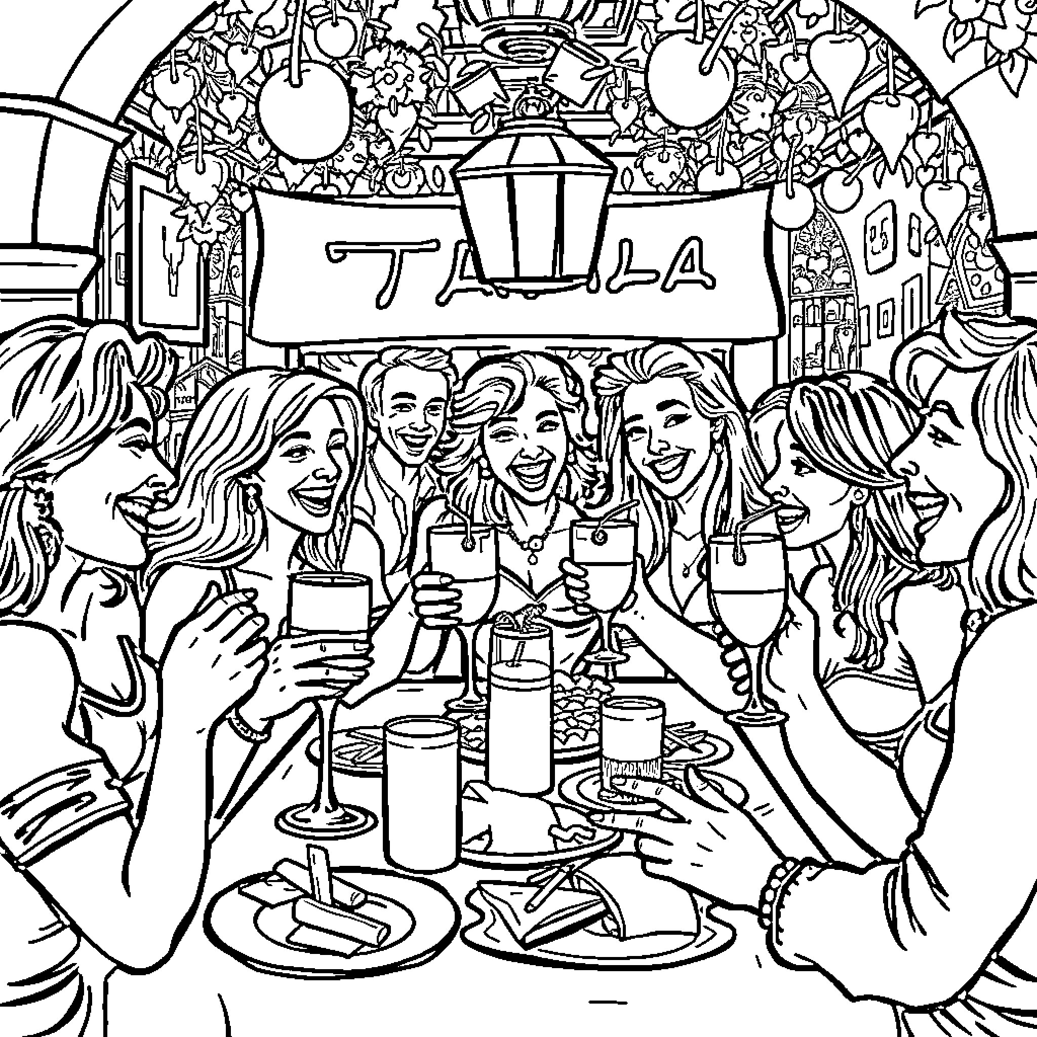 Brainrot: Friends Enjoying a Lively Gathering Coloring Page (free black-and-white line drawing printable PDF for all, from beginners to advanced learners, including children, teens, adults, and seniors)
