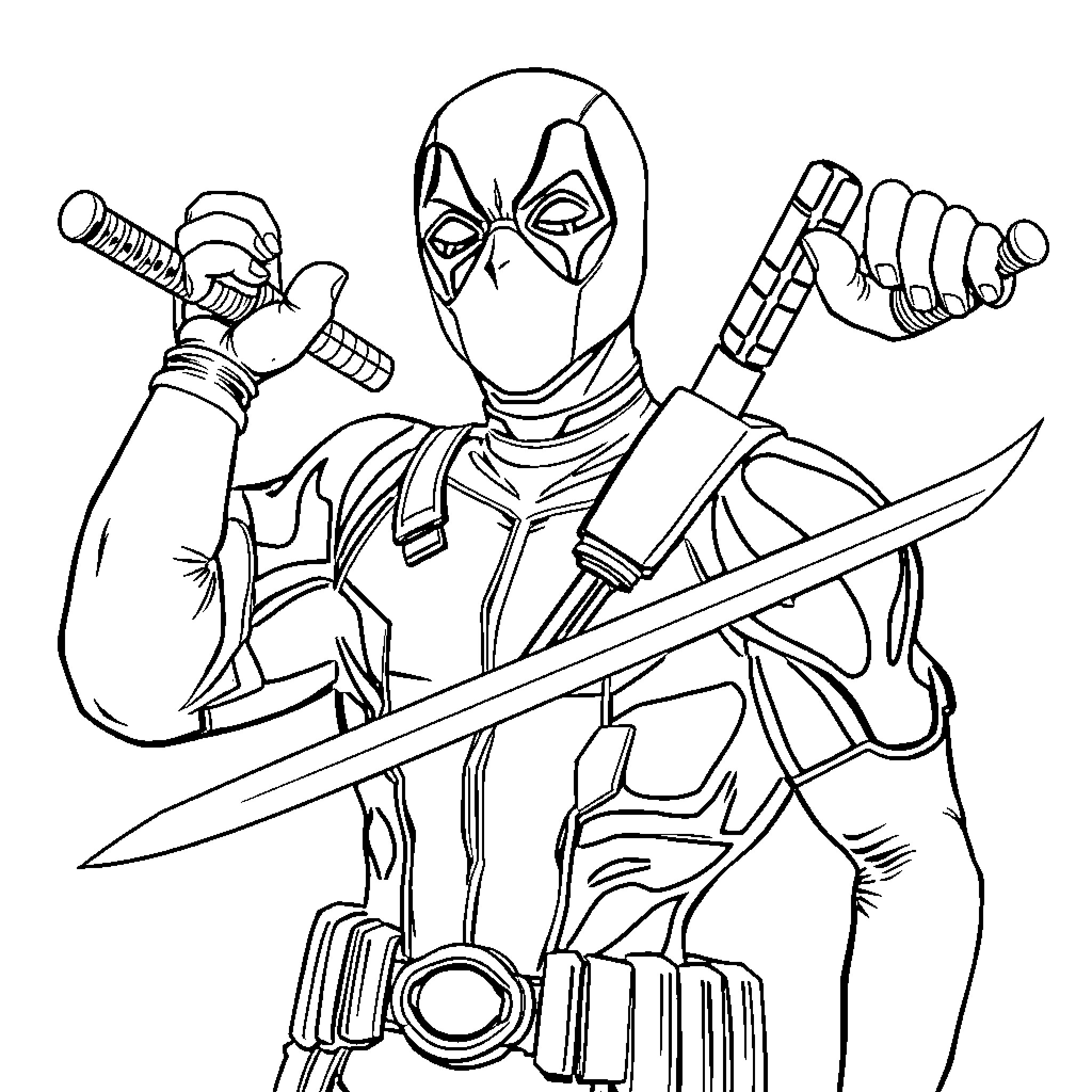 Deadpool wielding swords in heroic pose Coloring Page (free black-and-white line drawing printable PDF for all, from beginners to advanced learners, including children, teens, adults, and seniors)