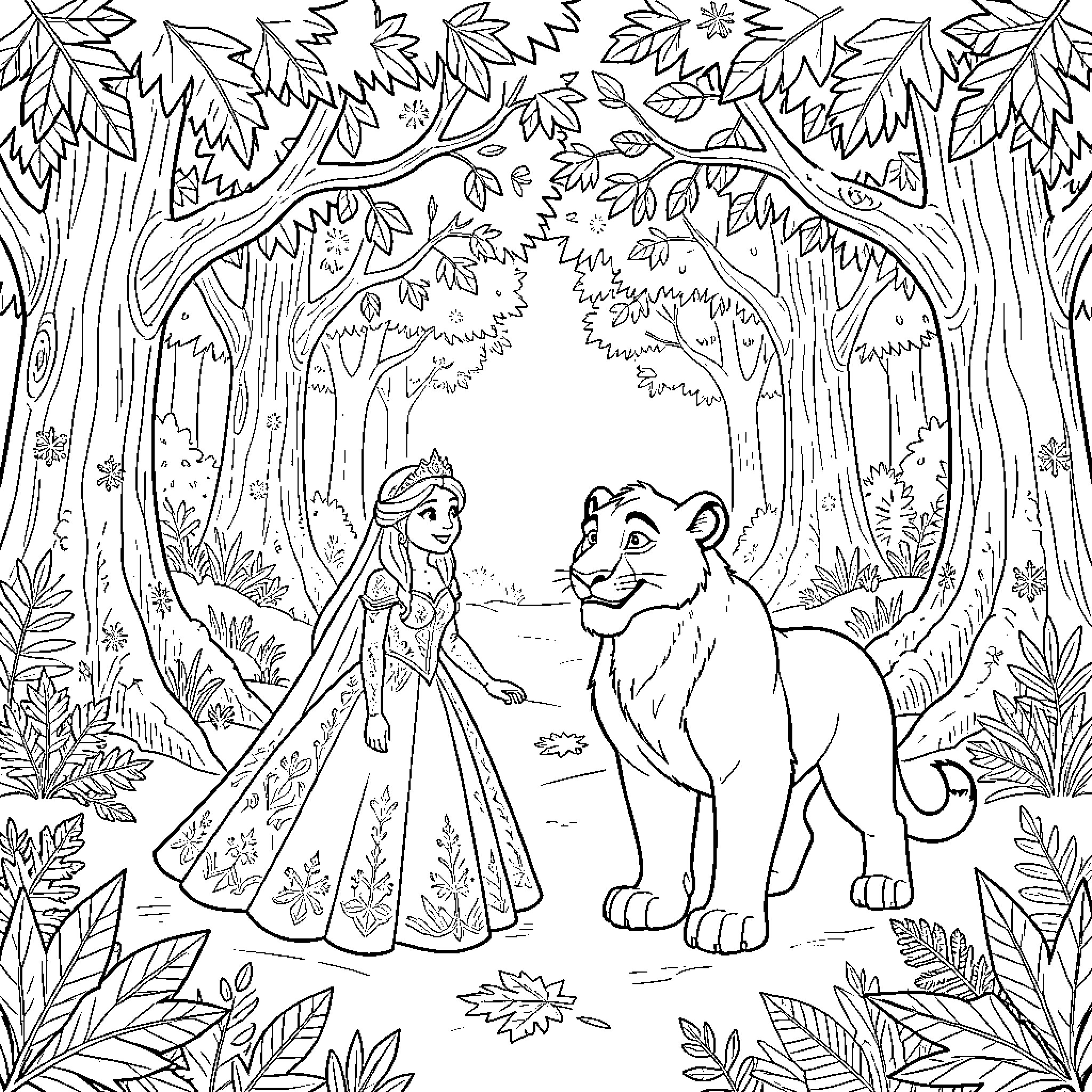 Queen in elegant gown meeting a lion in forest Coloring Page (free black-and-white line drawing printable PDF for all, from beginners to advanced learners, including children, teens, adults, and seniors)