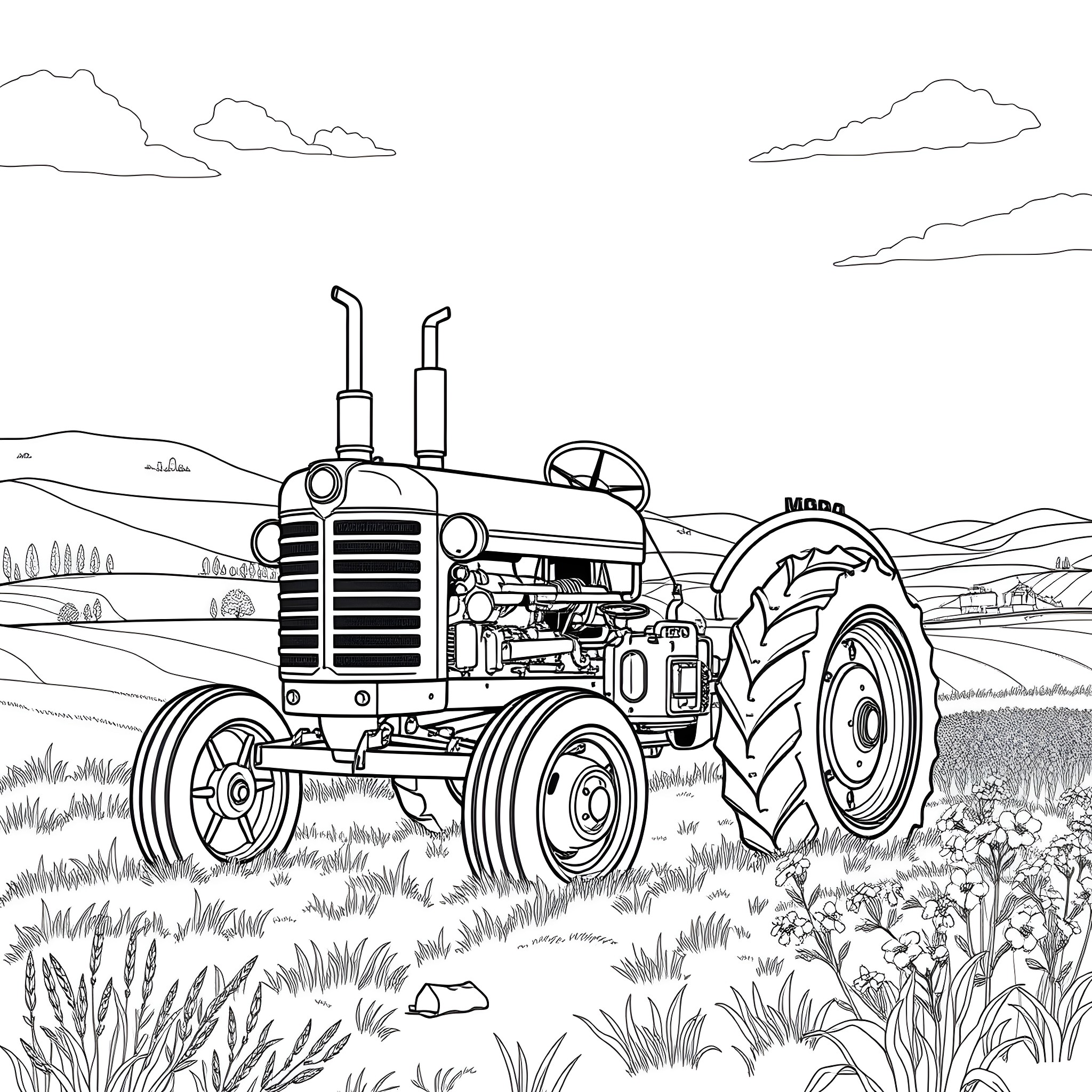 Tractor working in the countryside landscape Coloring Page (free black-and-white line drawing printable PDF for all, from beginners to advanced learners, including children, teens, adults, and seniors)