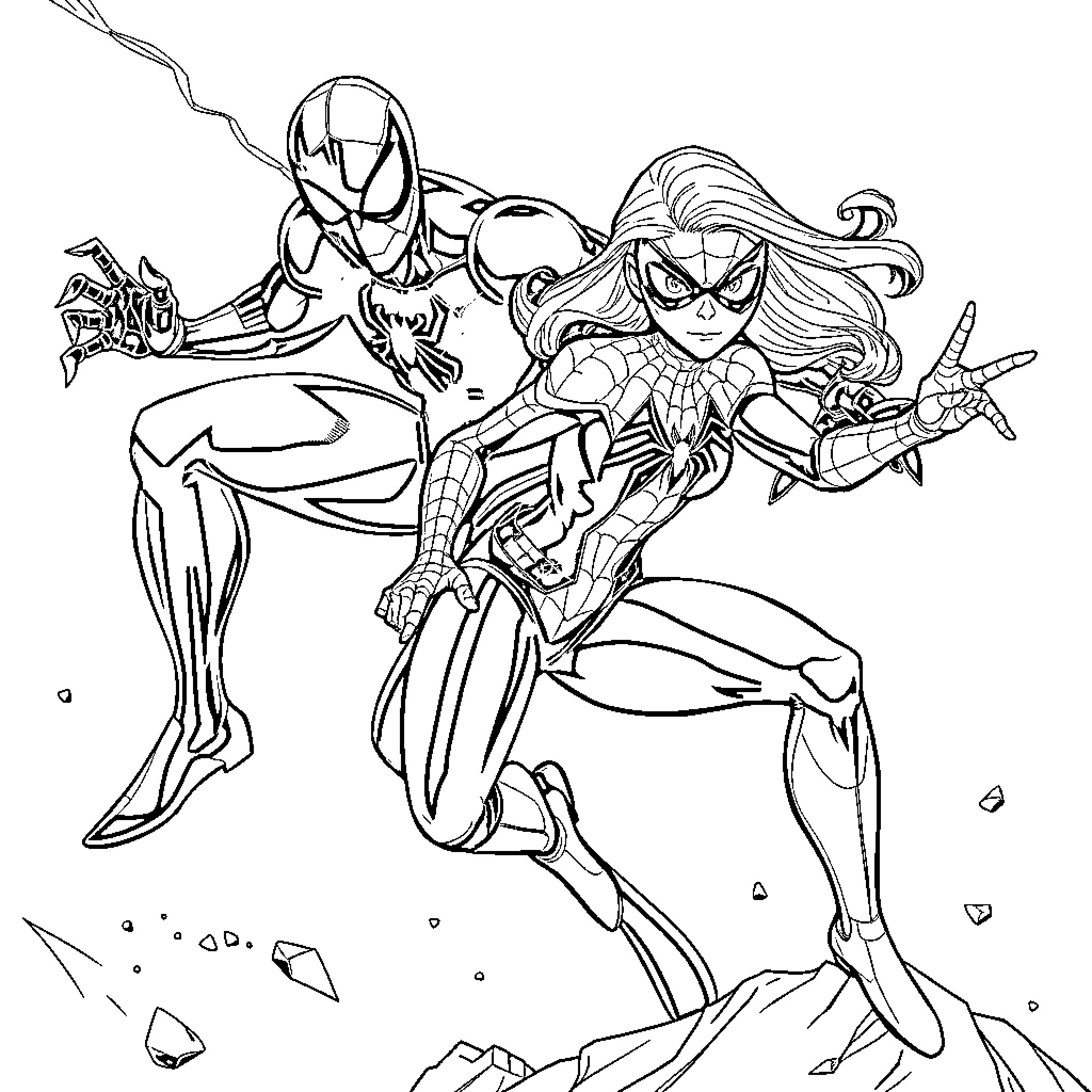 Superhero duo in action-packed pose Coloring Page (free black-and-white line drawing printable PDF for all, from beginners to advanced learners, including children, teens, adults, and seniors)