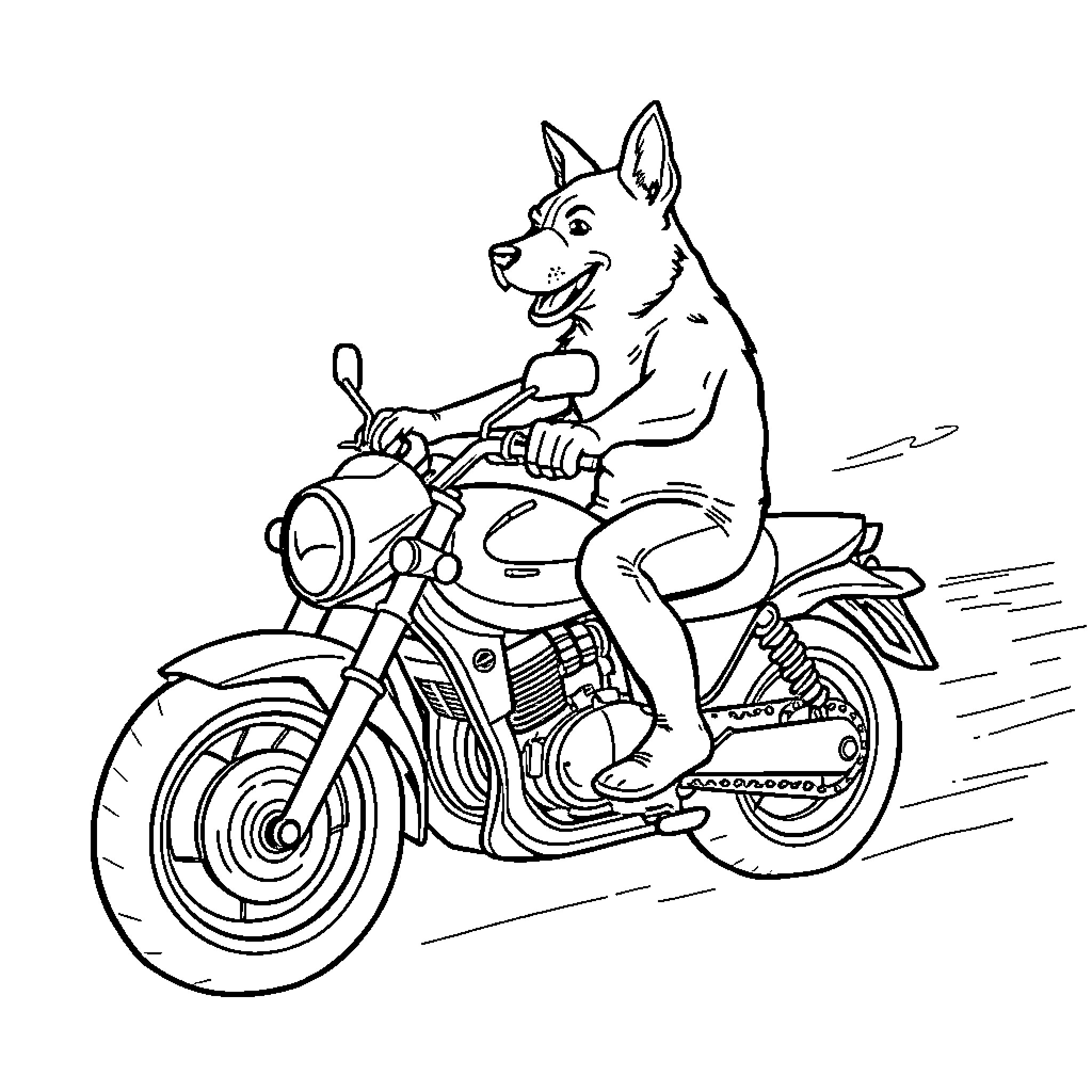 Dog riding motorcycle with excitement Coloring Page (free black-and-white line drawing printable PDF for all, from beginners to advanced learners, including children, teens, adults, and seniors)