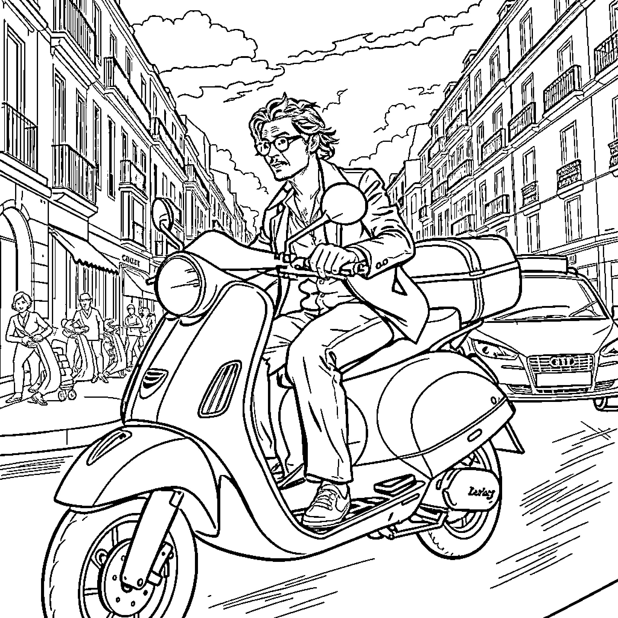 Johnny Depp riding a scooter through the city streets Coloring Page (free black-and-white line drawing printable PDF for all, from beginners to advanced learners, including children, teens, adults, and seniors)