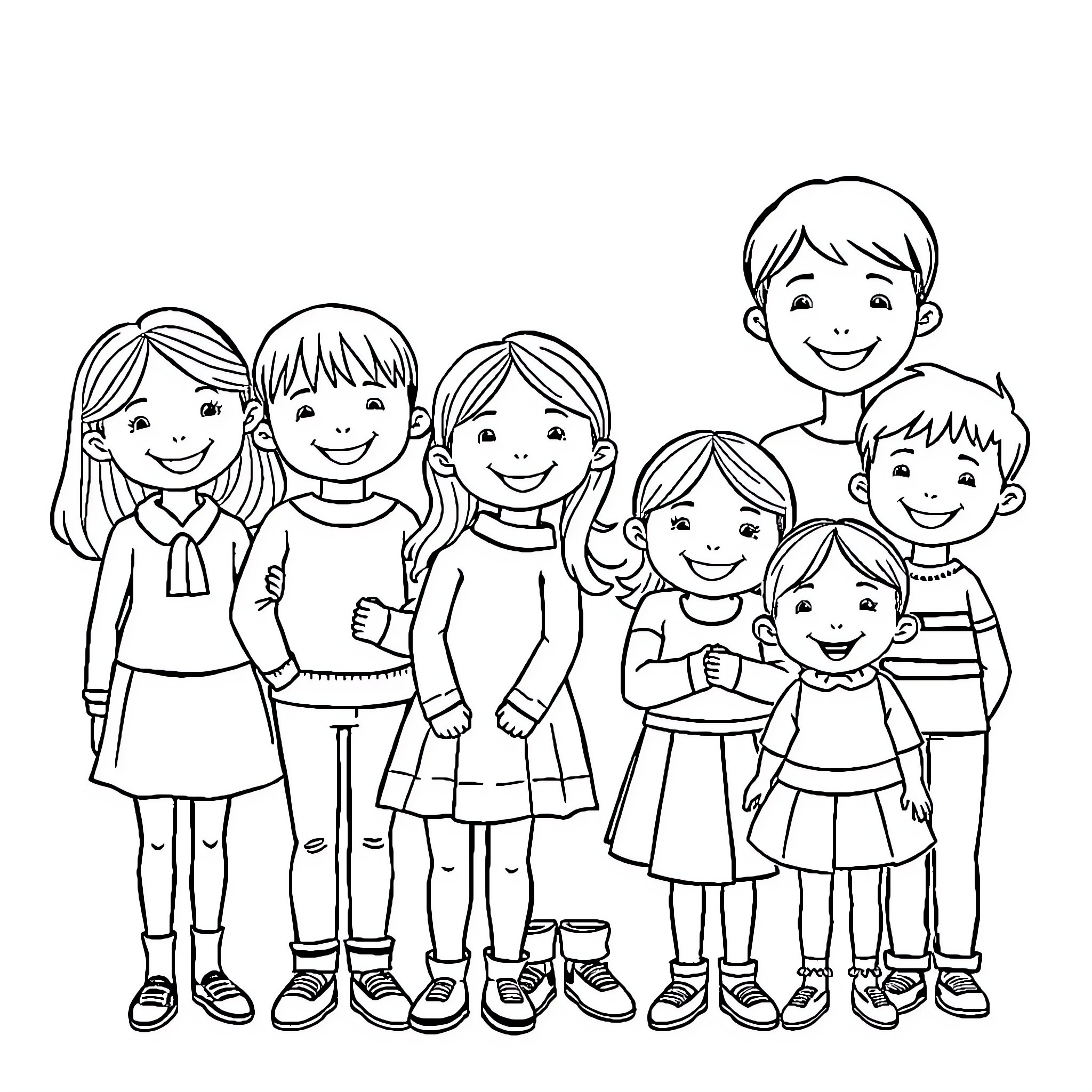 Family portrait of smiling children Coloring Page (free black-and-white line drawing printable PDF for all, from beginners to advanced learners, including children, teens, adults, and seniors)