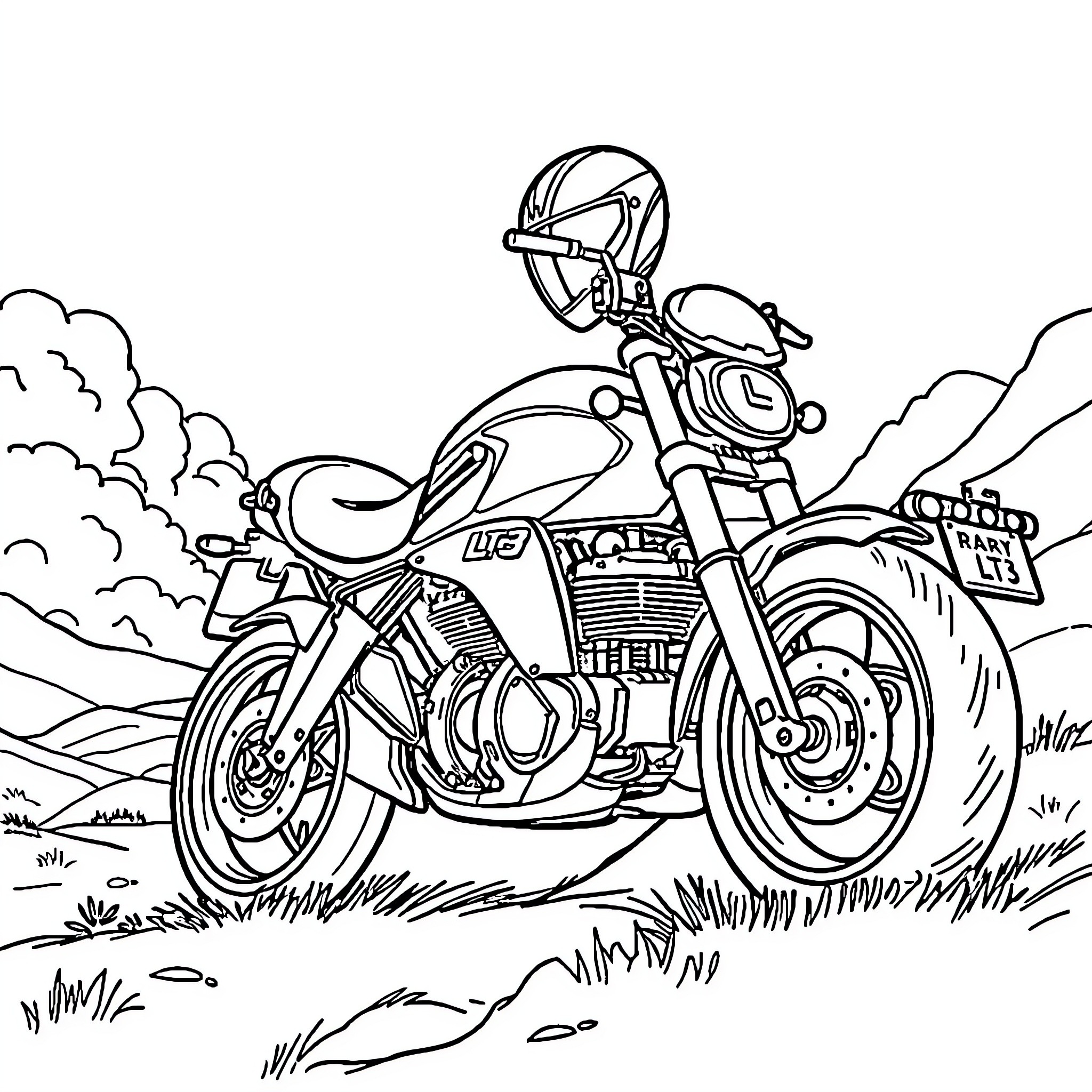 LT3 Motorcycle adventure in the countryside Coloring Page (free black-and-white line drawing printable PDF for all, from beginners to advanced learners, including children, teens, adults, and seniors)