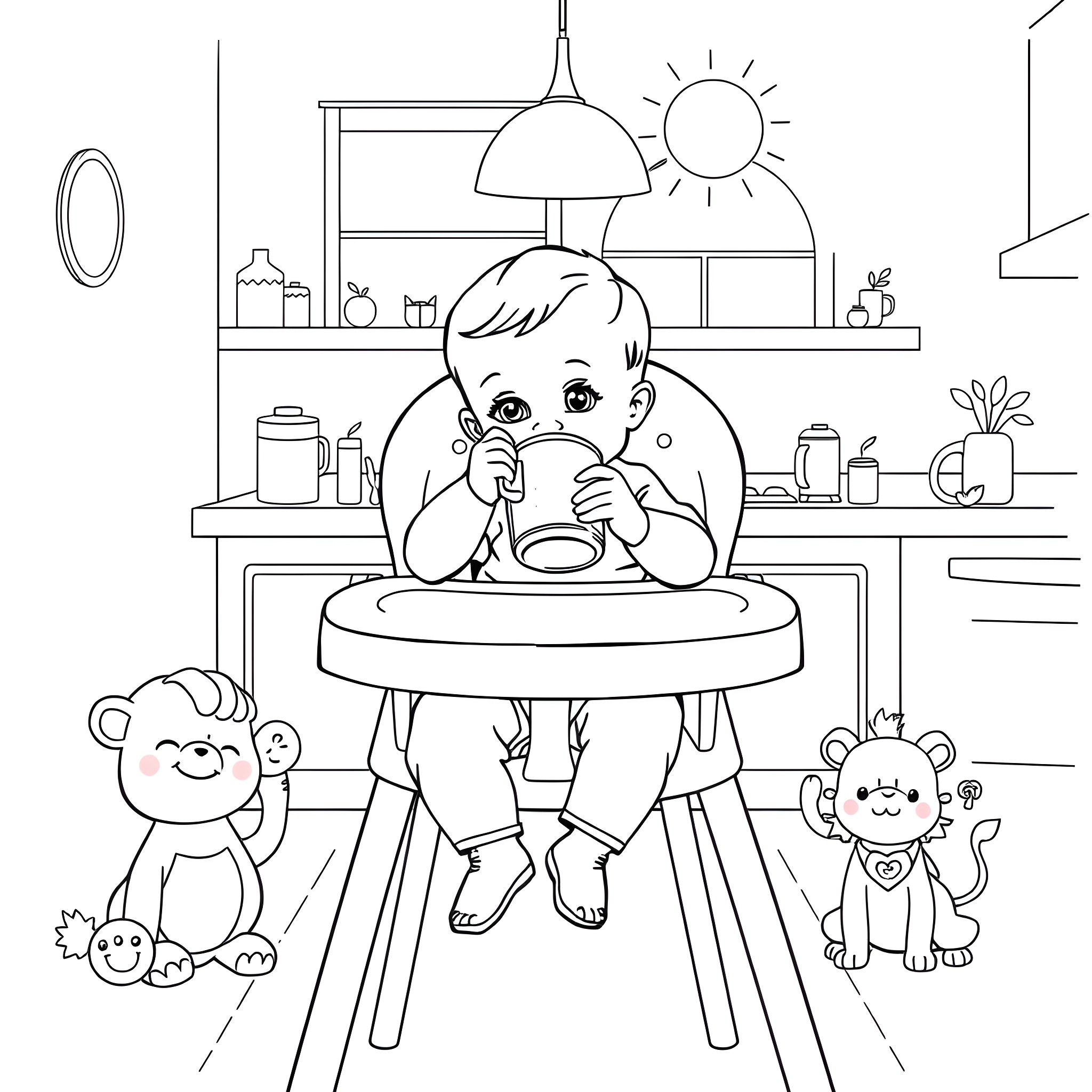 Baby enjoying a snack in the kitchen Coloring Page (free black-and-white line drawing printable PDF for all, from beginners to advanced learners, including children, teens, adults, and seniors)