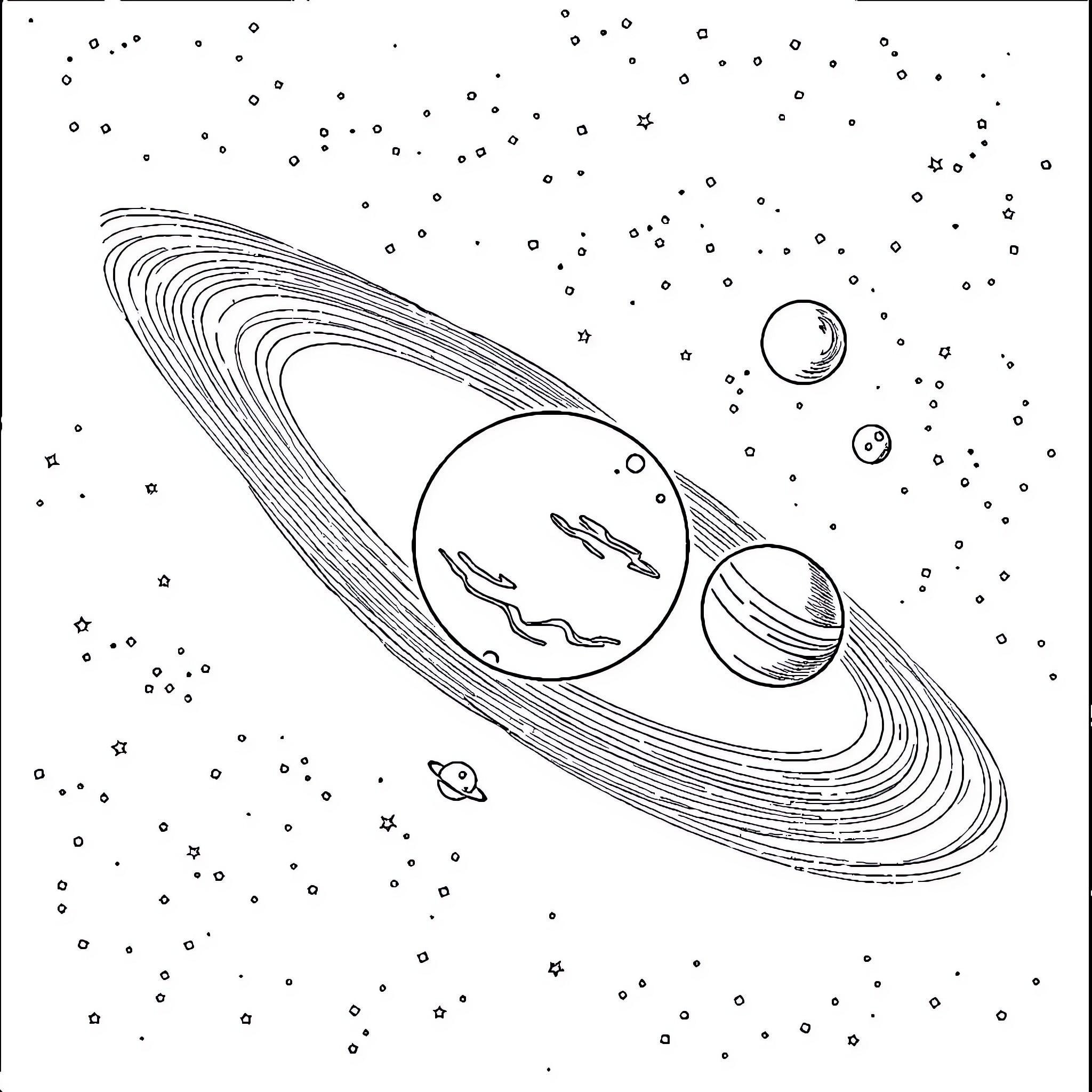 Solar System with Planetary Rings and Moons Coloring Page (free black-and-white line drawing printable PDF for all, from beginners to advanced learners, including children, teens, adults, and seniors)