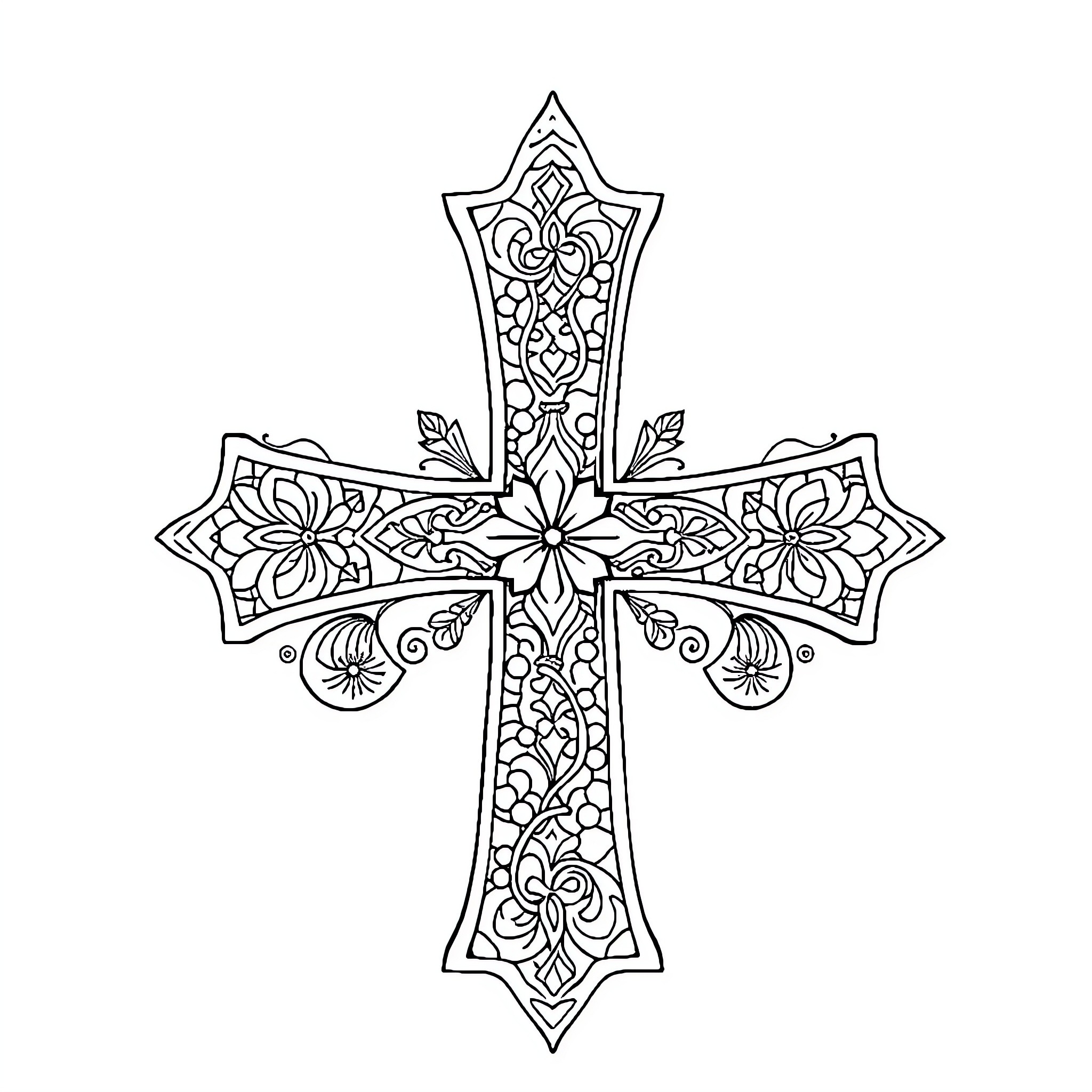 Mosaic Cross with Floral Ornamentations Coloring Page (free black-and-white line drawing printable PDF for all, from beginners to advanced learners, including children, teens, adults, and seniors)