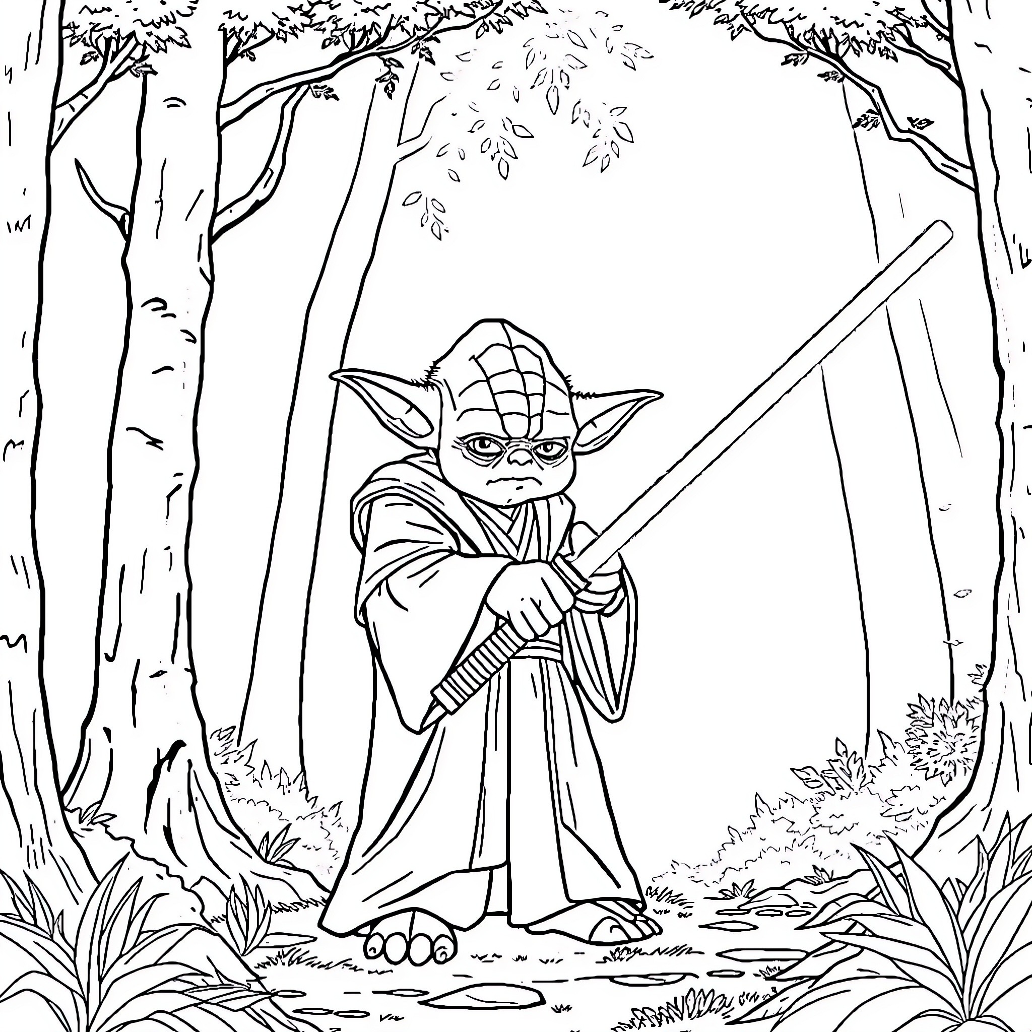 Yoda wielding lightsaber in tranquil forest Coloring Page (free black-and-white line drawing printable PDF for all, from beginners to advanced learners, including children, teens, adults, and seniors)