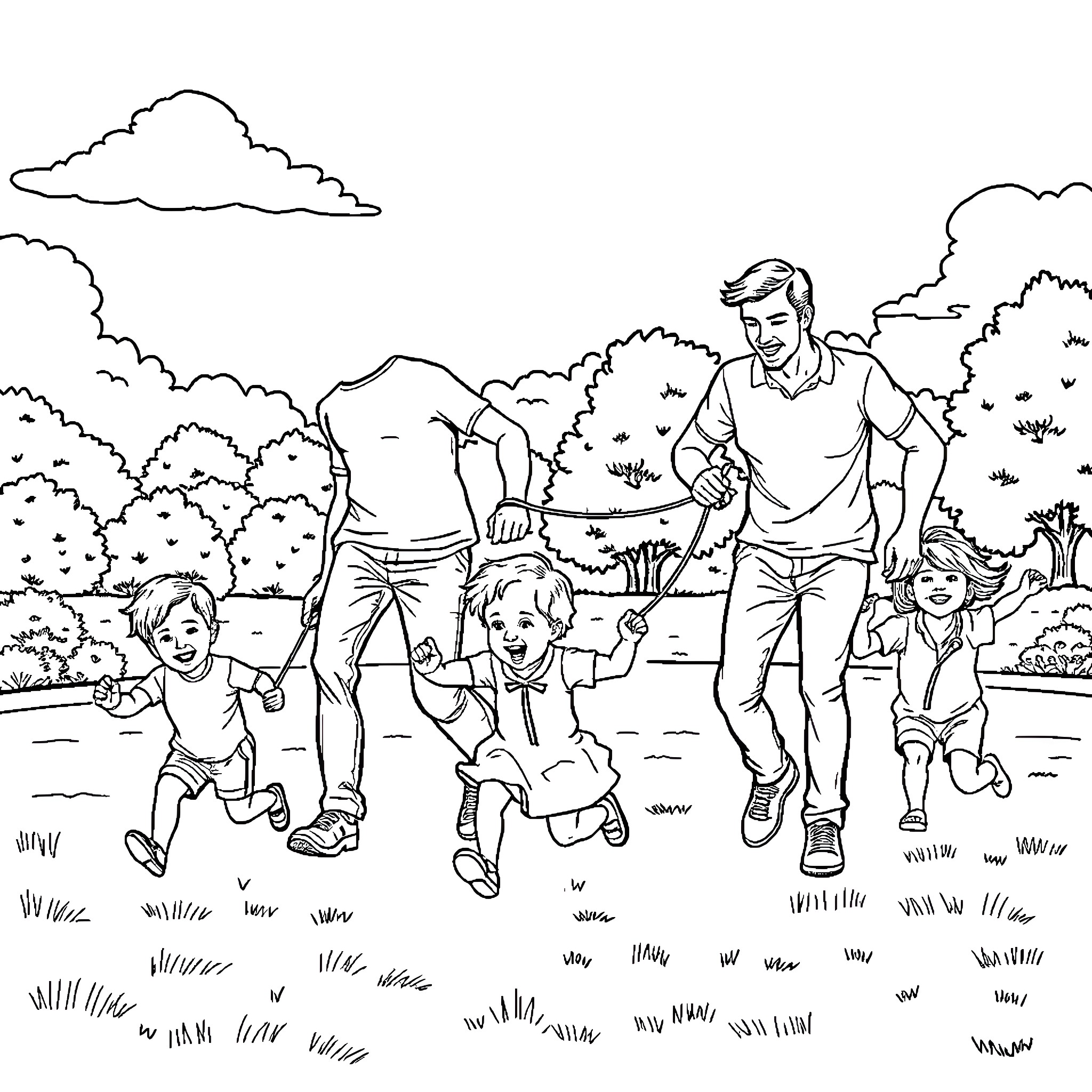 Dad enjoying a day out with his children in the park Coloring Page (free black-and-white line drawing printable PDF for all, from beginners to advanced learners, including children, teens, adults, and seniors)