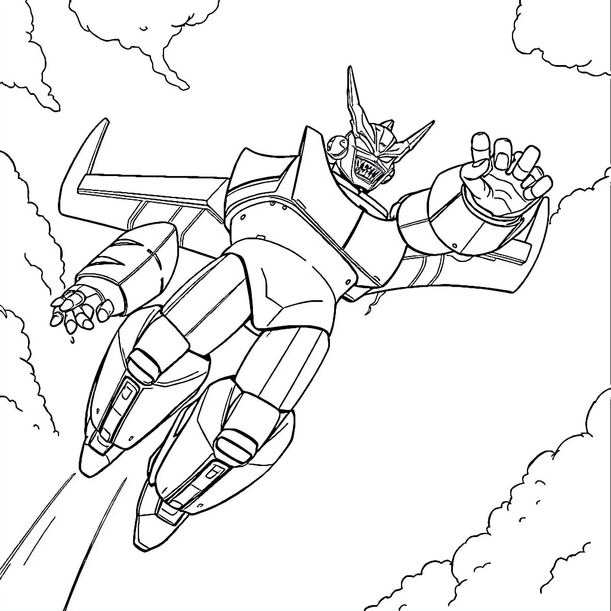 Mazinger Z flying heroically in action Coloring Page (free black-and-white line drawing printable PDF for all, from beginners to advanced learners, including children, teens, adults, and seniors)