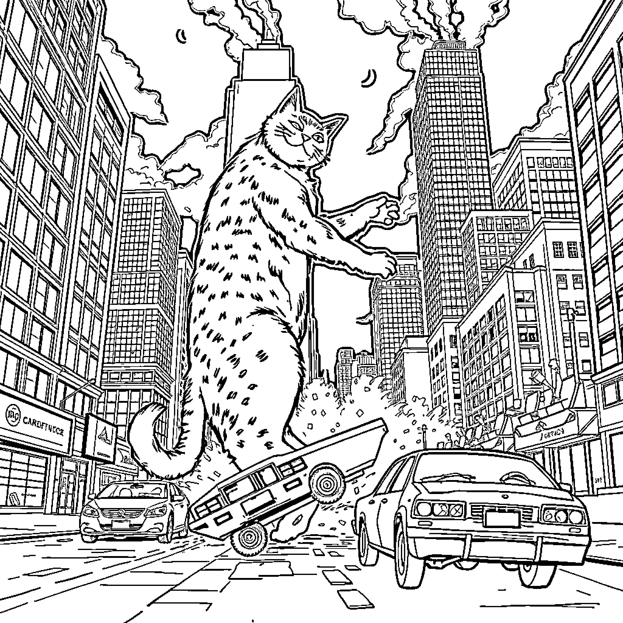 Cat Wreaking Havoc in the City Coloring Page (free black-and-white line drawing printable PDF for all, from beginners to advanced learners, including children, teens, adults, and seniors)