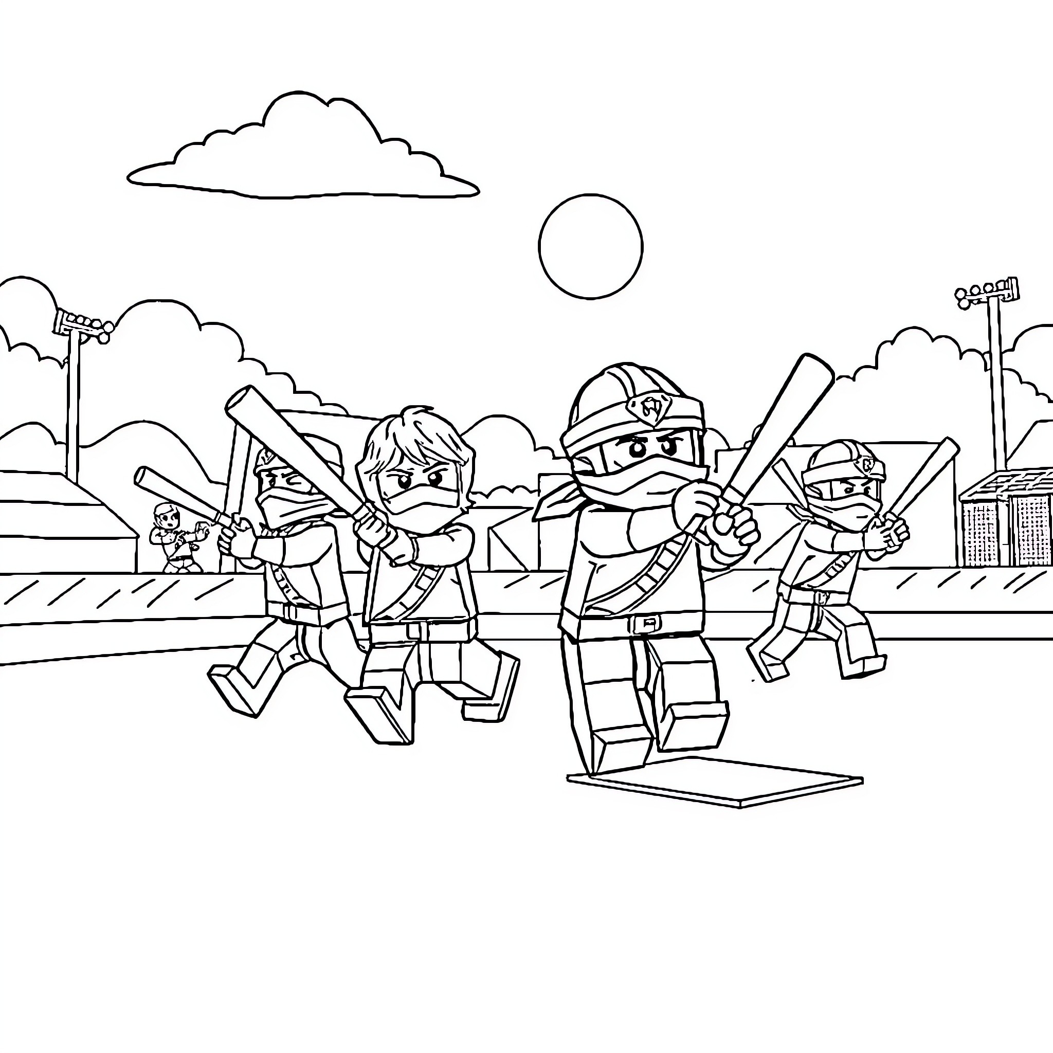 Ninja Warriors in Action at the Stadium Coloring Page (free black-and-white line drawing printable PDF for all, from beginners to advanced learners, including children, teens, adults, and seniors)