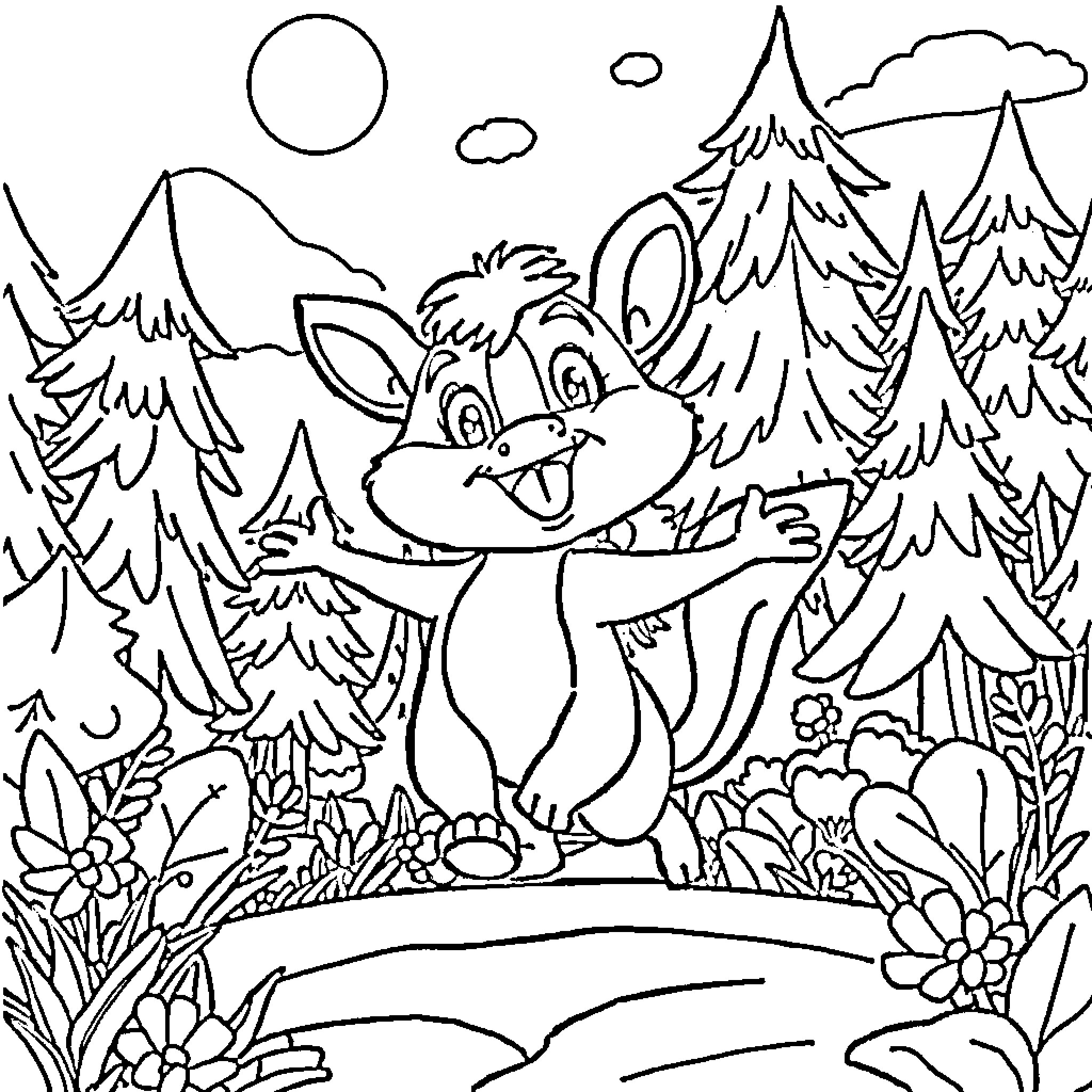 Animal happily playing in the forest Coloring Page (free black-and-white line drawing printable PDF for all, from beginners to advanced learners, including children, teens, adults, and seniors)