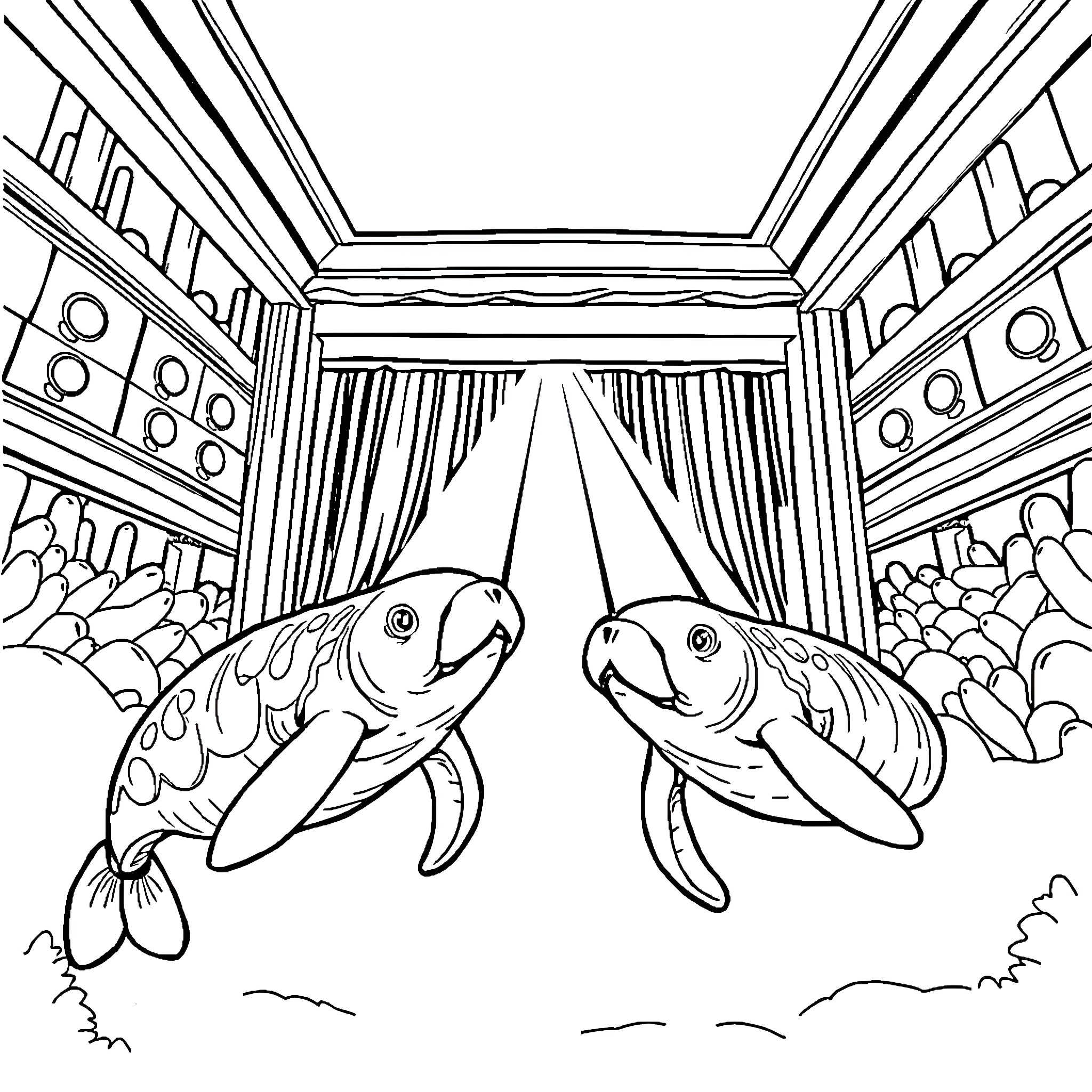 Manatee duo admiring the grand theater stage Coloring Page (free black-and-white line drawing printable PDF for all, from beginners to advanced learners, including children, teens, adults, and seniors)
