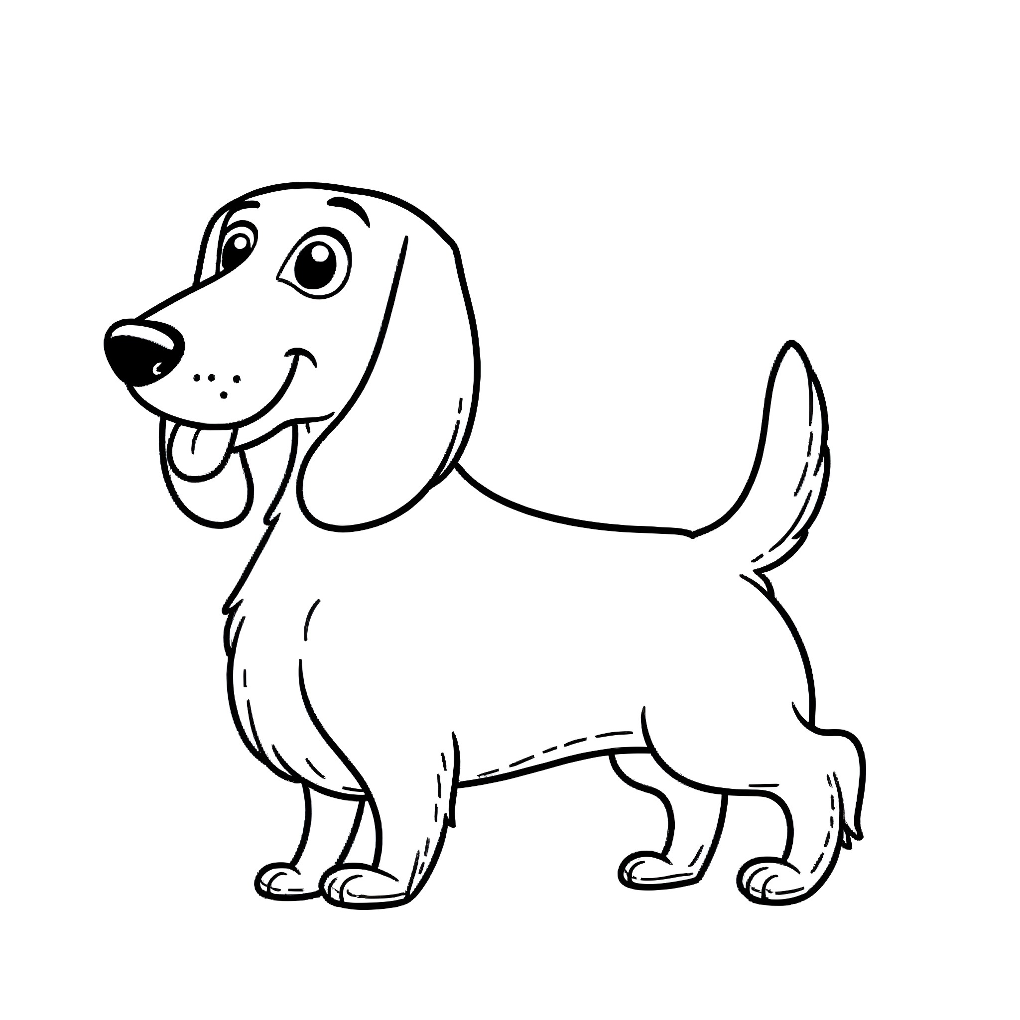 Sausage Dog Happily Wagging Tail Coloring Page (free black-and-white line drawing printable PDF for all, from beginners to advanced learners, including children, teens, adults, and seniors)